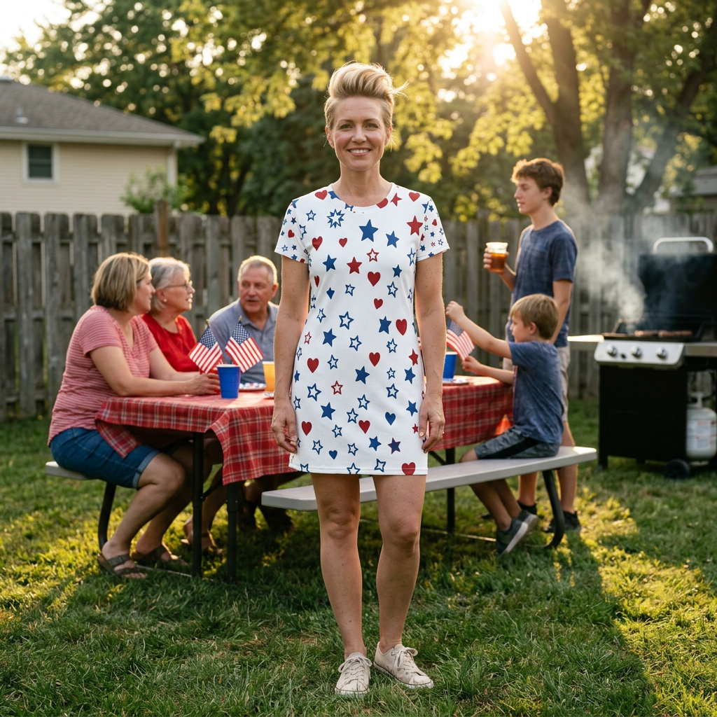 Patriotic Stars And Hearts American Flag T-Shirt Dress