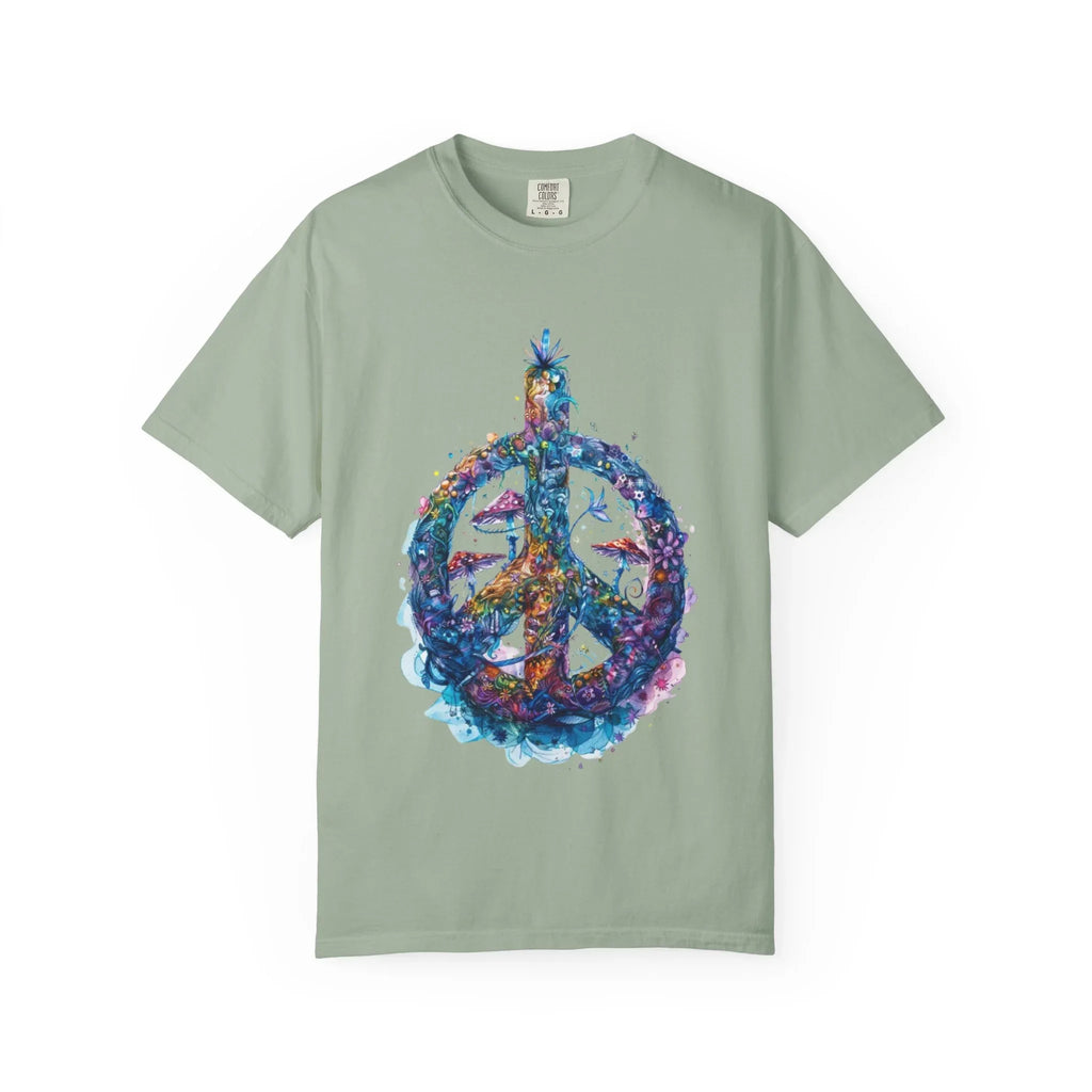 Psychedelic Mushroom Peace Sign T-Shirt | Neon Tie-Dye 60s Hippie Poster - 250 USA Celebration
