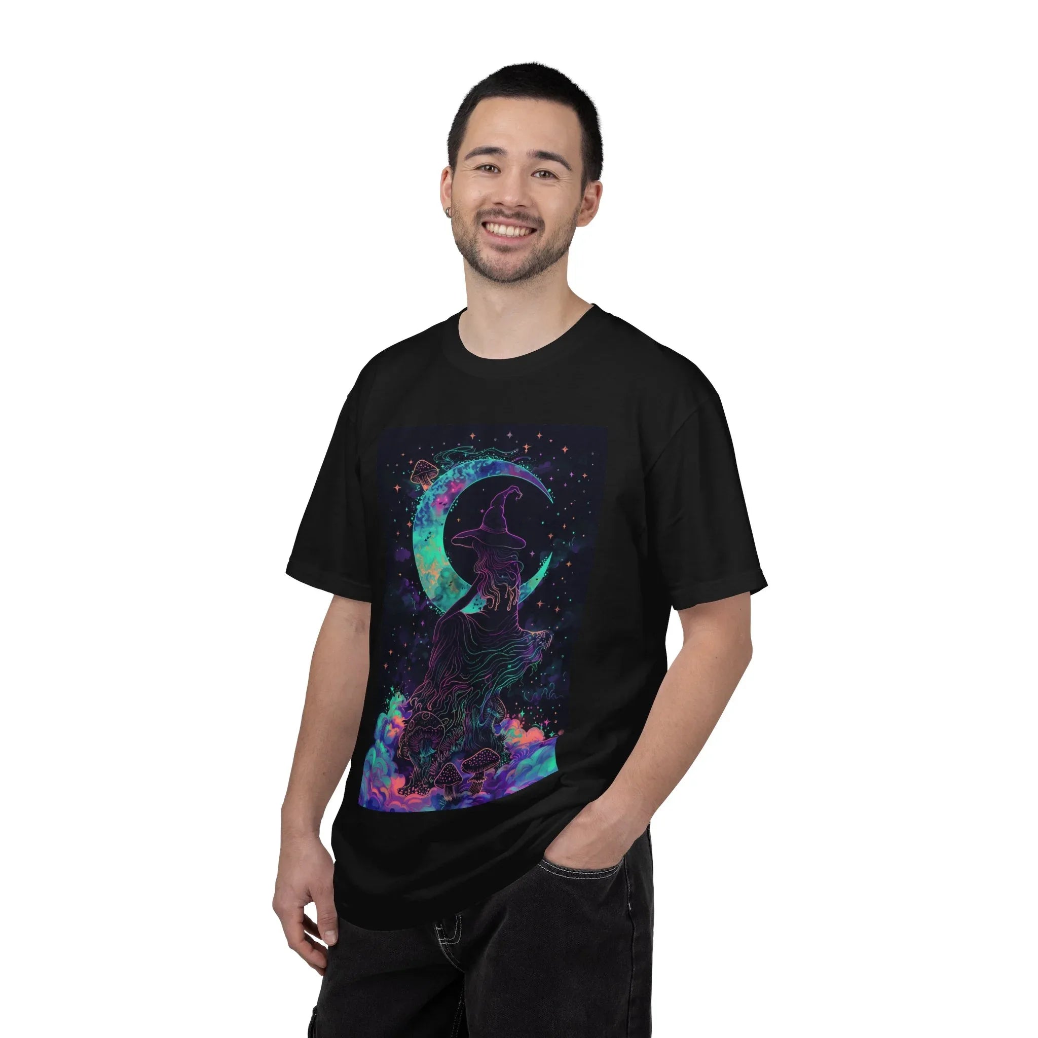 Mystical Crescent Moon Cat T-shirt | Neon Galaxy Witchy Night - 250 USA Celebration