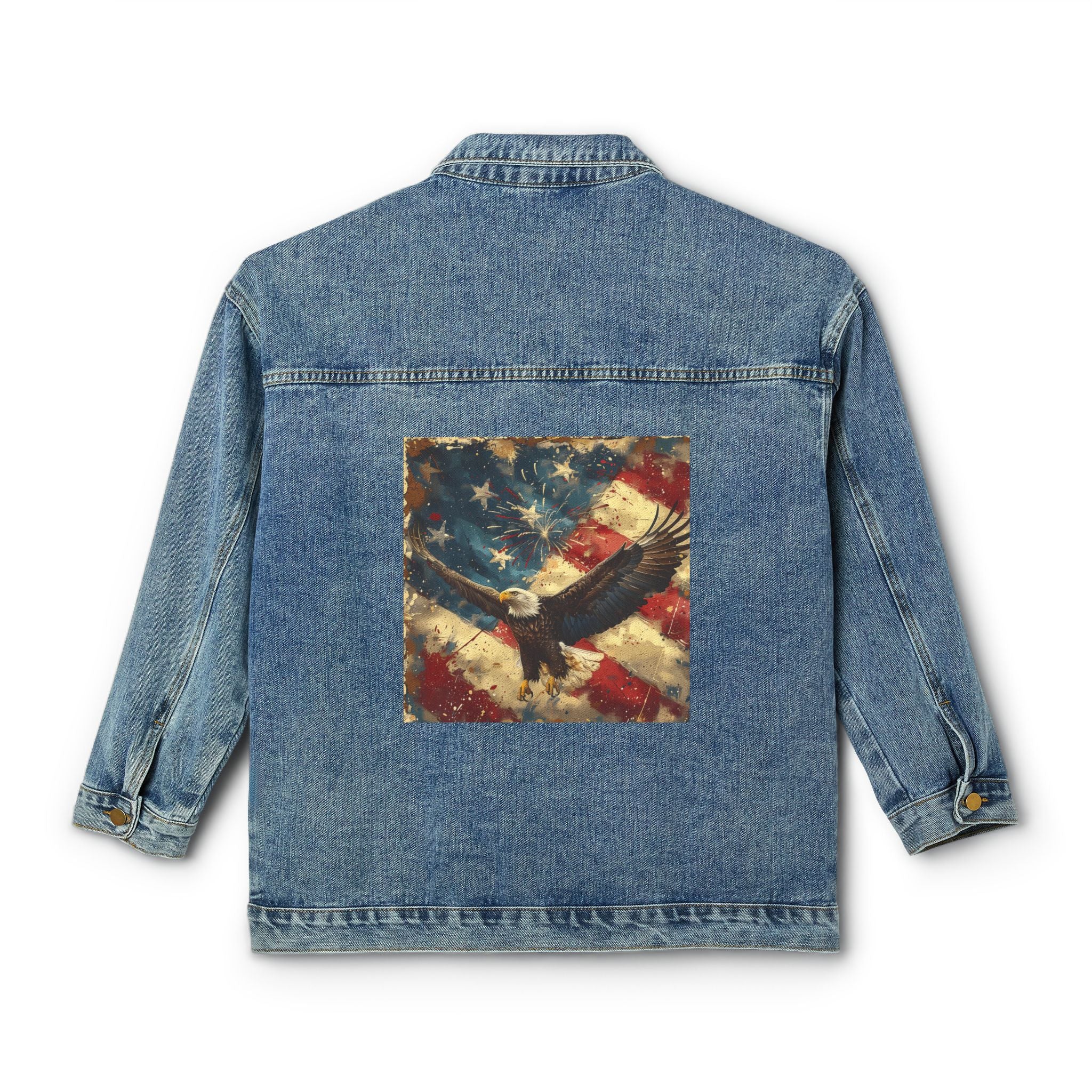 Women's Denim Jacket — Vintage American Flag & Bald Eagle Back Patch