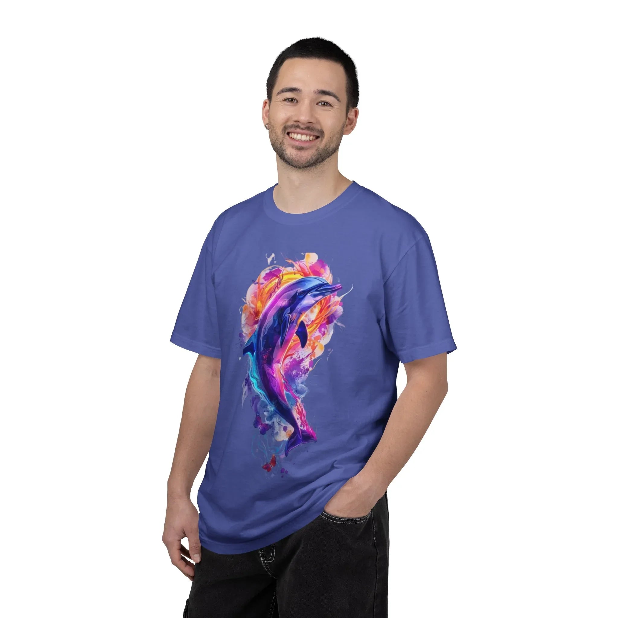 Colorful Watercolor Dolphin T-shirt | Vibrant Ocean Dolphin Tee Chrome Y2K Fantasy Dolphins & Butterflies T-Shirt | Airbrushed Liquid Metal - 250 USA Celebration