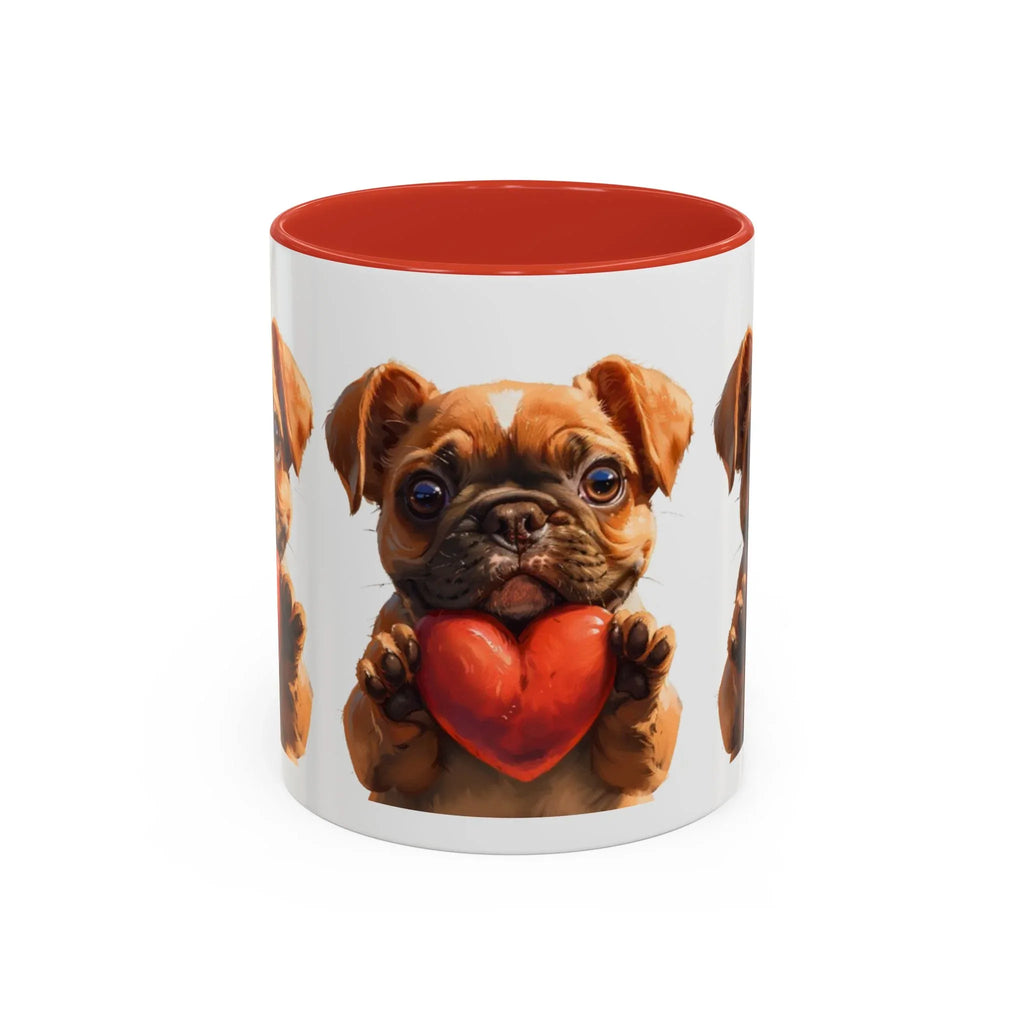 Cute French Bulldog Holding Red Heart Accent Coffee Mug | Puppy Cartoon Illustration - 250 USA Celebration