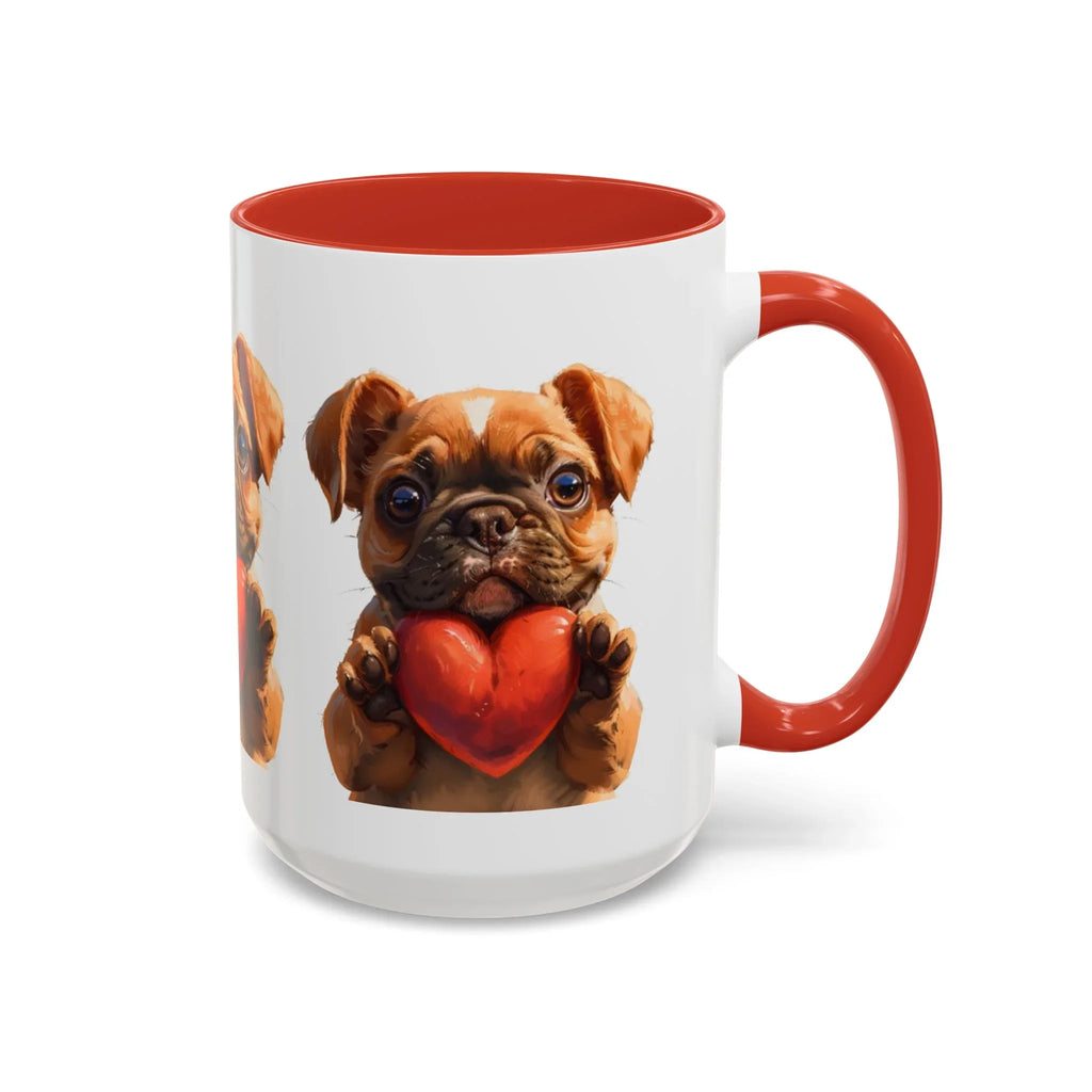 Cute French Bulldog Holding Red Heart Accent Coffee Mug | Puppy Cartoon Illustration - 250 USA Celebration