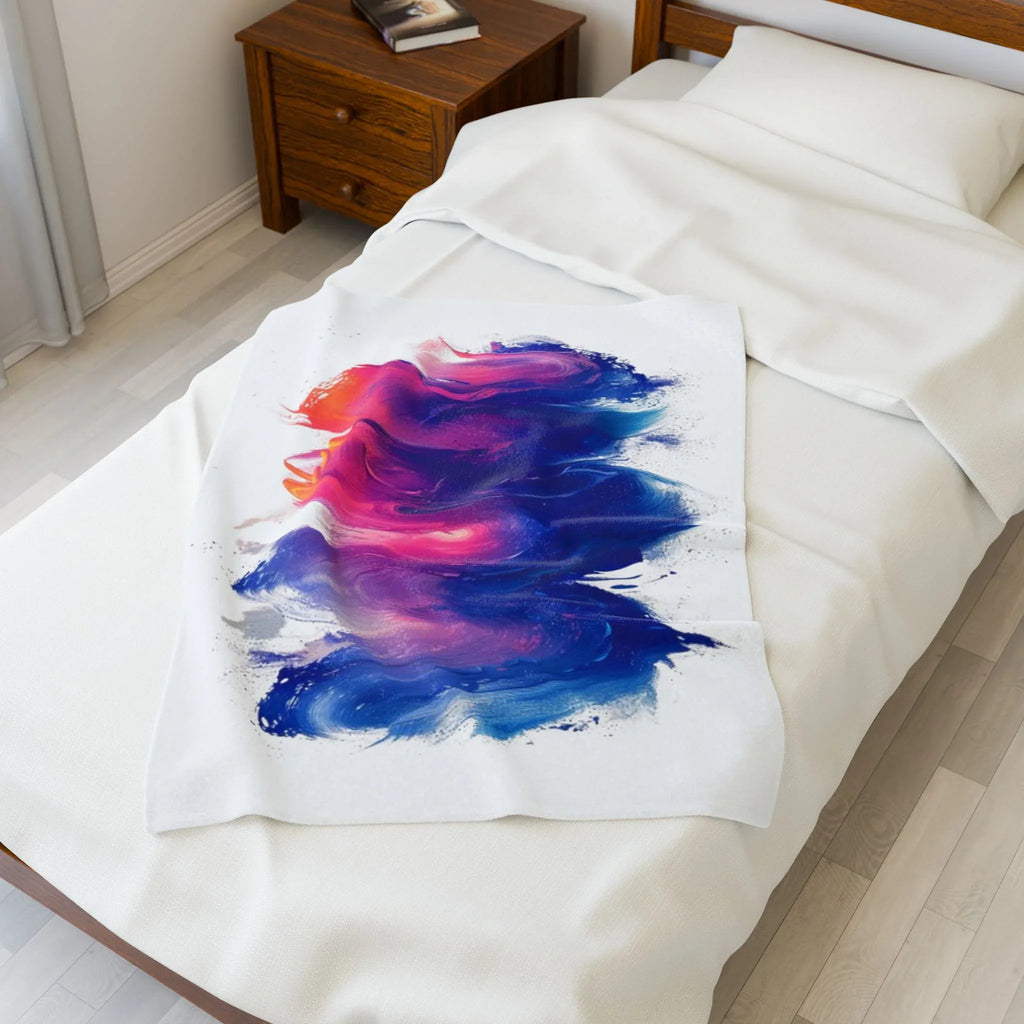 Abstract Colorful Brushstroke Velveteen Plush Blanket | Blue Purple Pink Art Throw - 250 USA Celebration