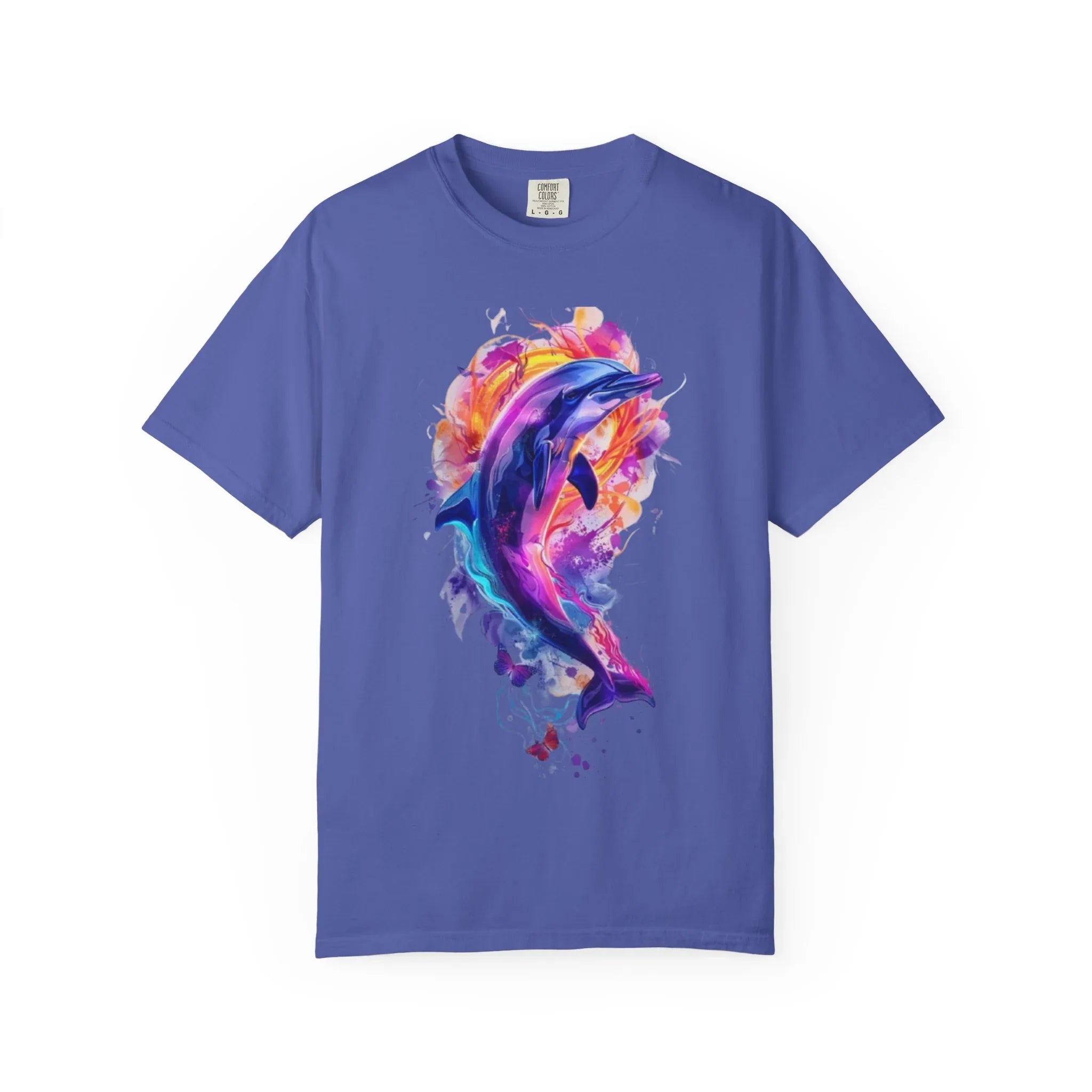 Colorful Watercolor Dolphin T-shirt | Vibrant Ocean Dolphin Tee Chrome Y2K Fantasy Dolphins & Butterflies T-Shirt | Airbrushed Liquid Metal - 250 USA Celebration