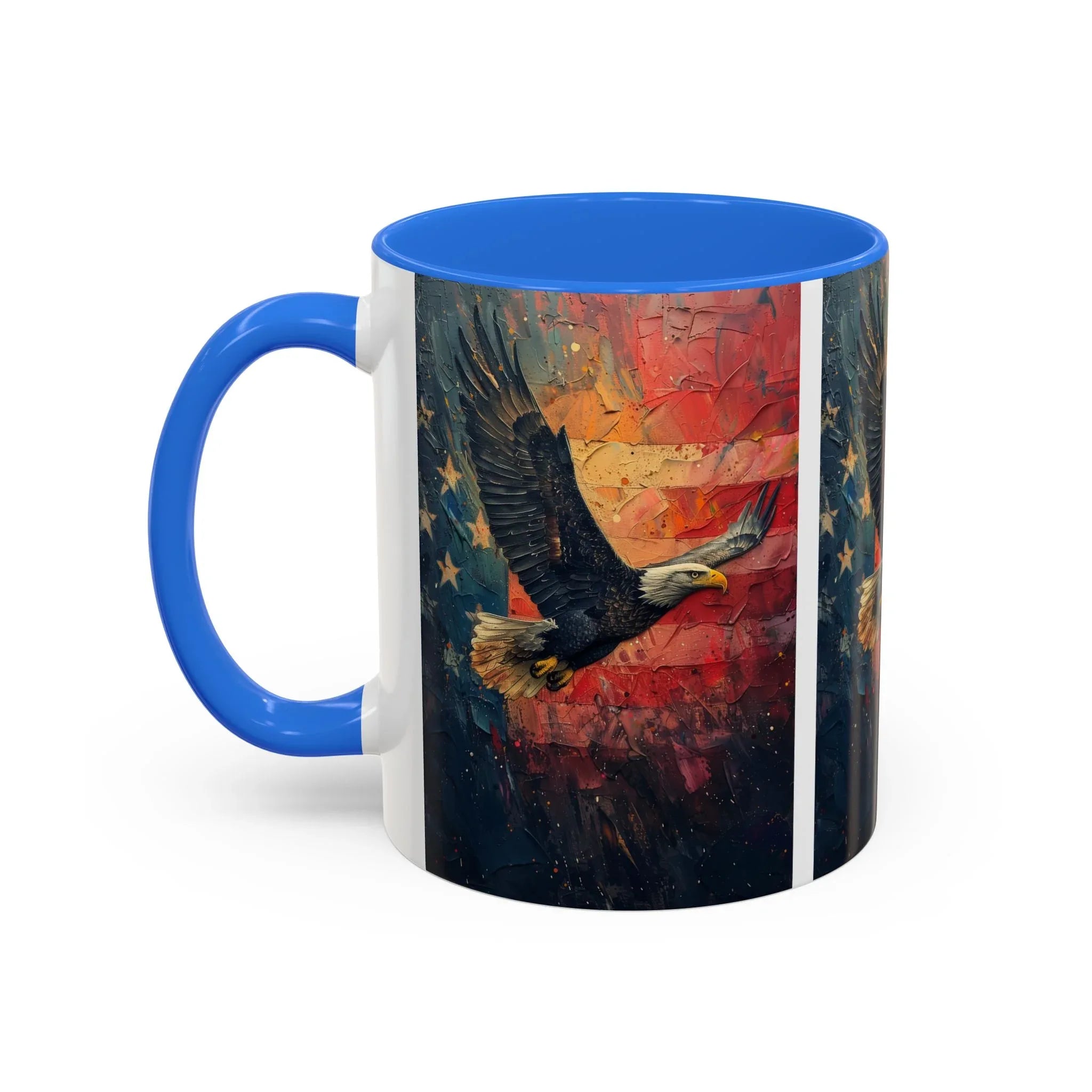 Colorful Mugs (11oz, 15oz) American Eagle Flying Coffee Cup, Patriotic American Eagle flying with American Flag in background - 250 USA Celebration