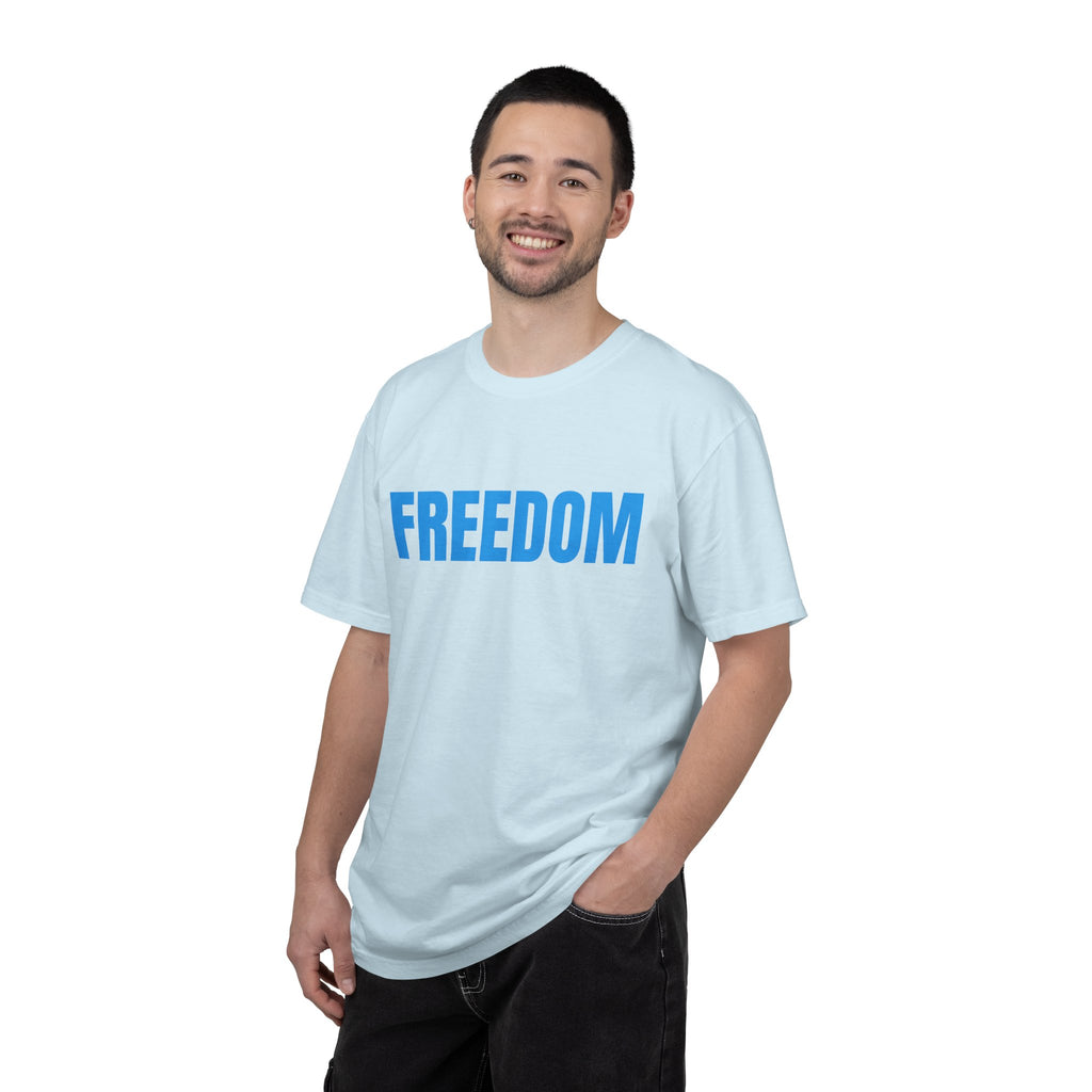 Freedom Graphic T-Shirt — Bold Blue Text Patriotic Tee