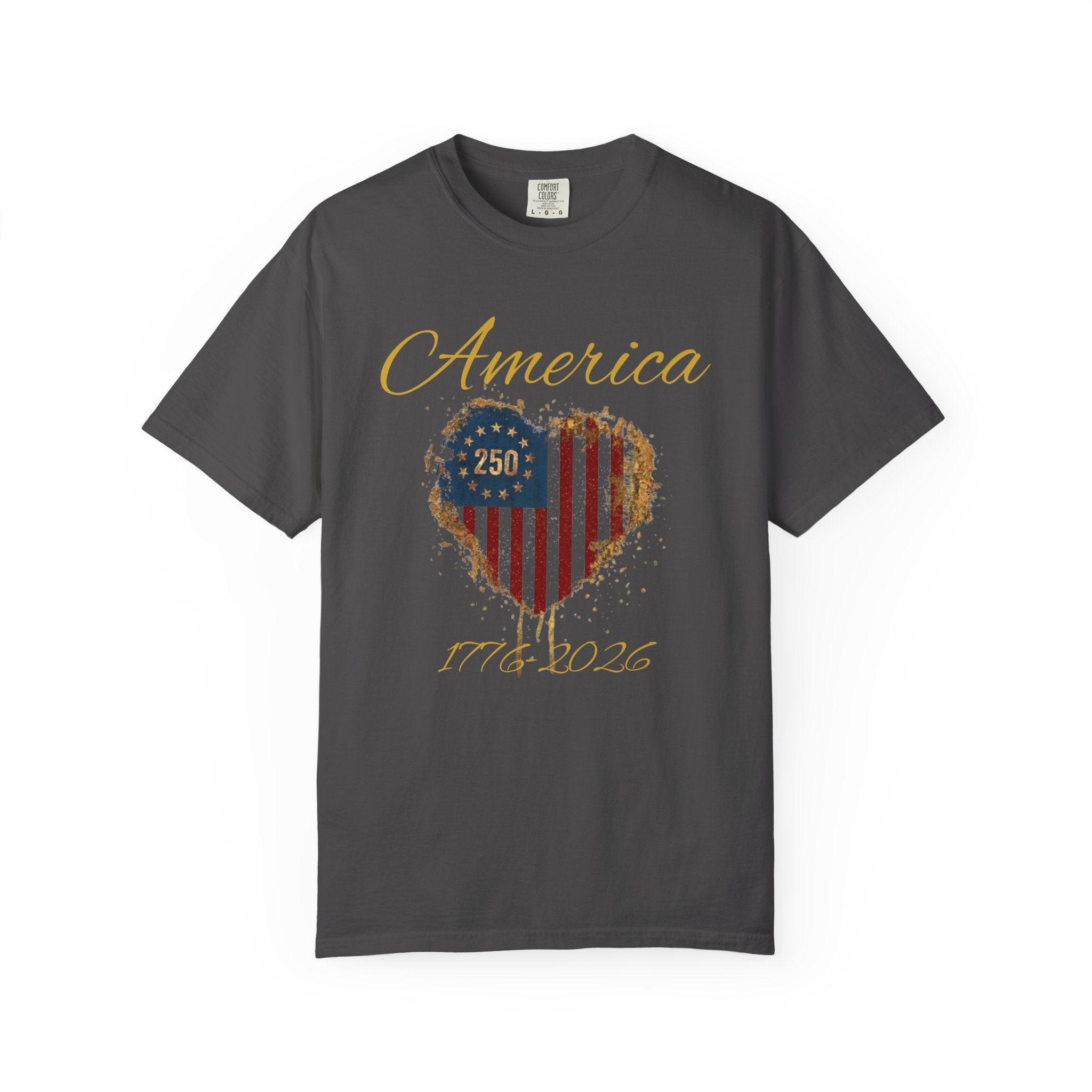 America 250 T-shirt | Patriotic Script, Red and Blue Text