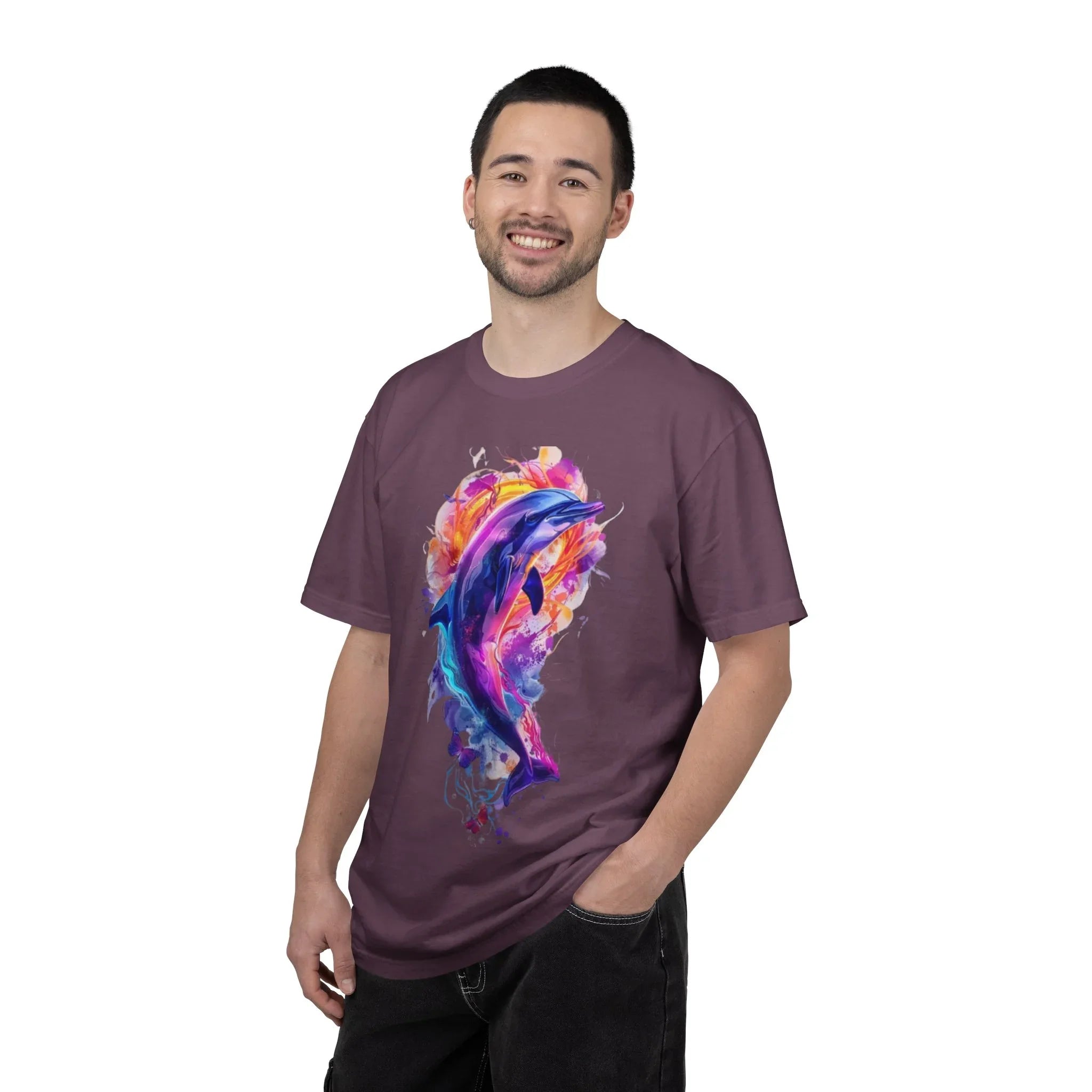 Colorful Watercolor Dolphin T-shirt | Vibrant Ocean Dolphin Tee Chrome Y2K Fantasy Dolphins & Butterflies T-Shirt | Airbrushed Liquid Metal - 250 USA Celebration