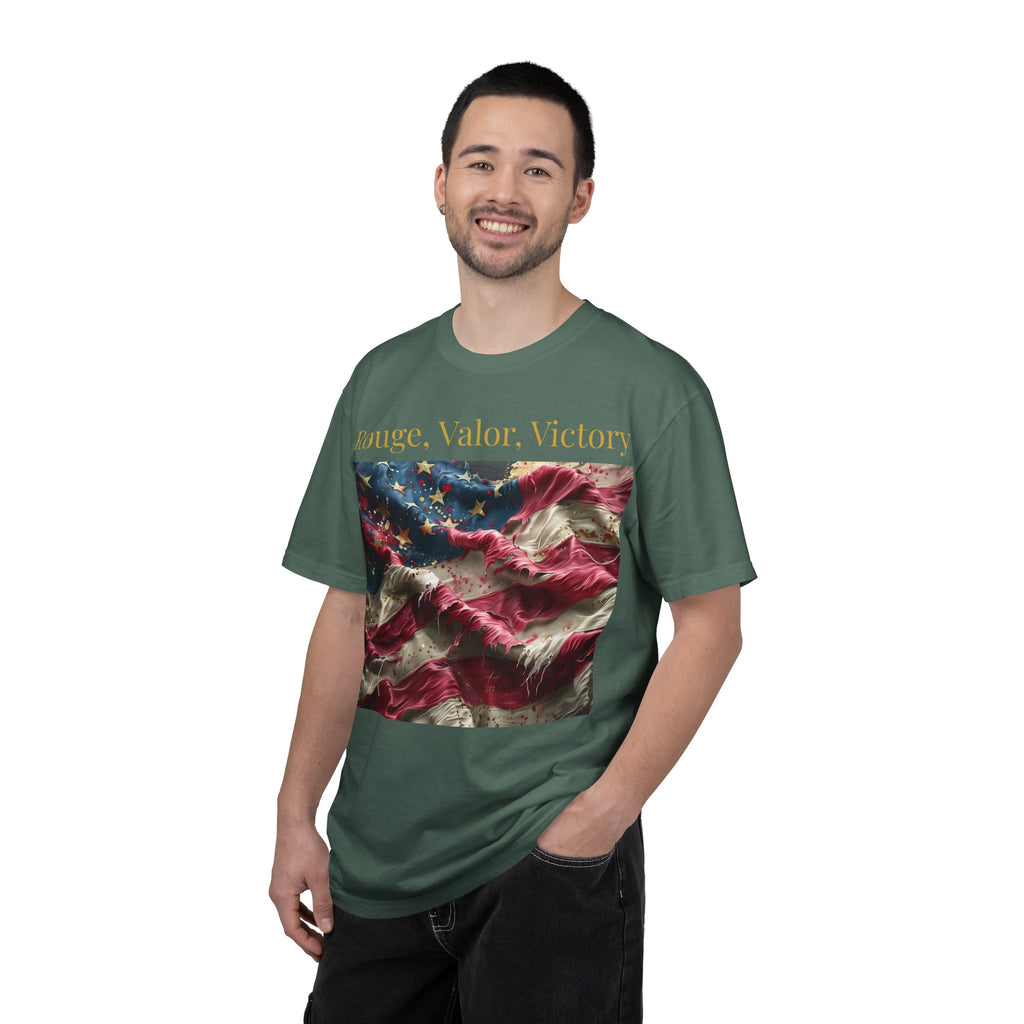 Patriotic T-Shirt — "Rouge, Valor, Victory" American Flag Graphic, "America First" Back Text