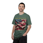 Patriotic T-Shirt — "Rouge, Valor, Victory" American Flag Graphic, "America First" Back Text