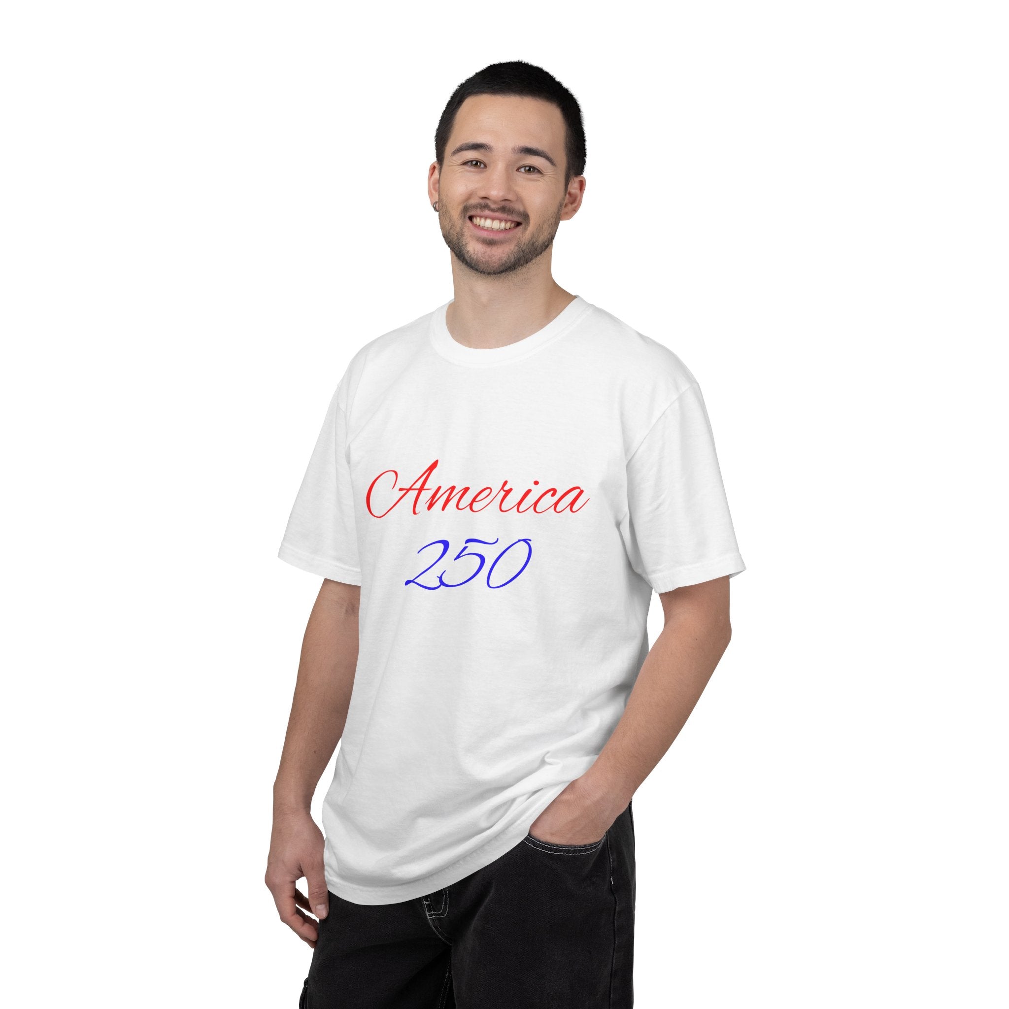 America 250 T-shirt | Patriotic Script, Red and Blue Text