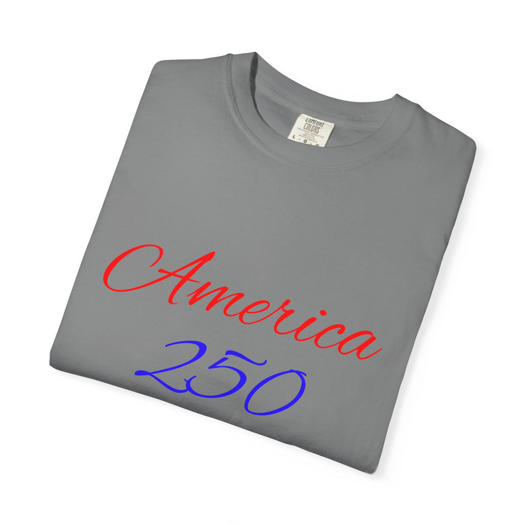 America 250 T-shirt | Patriotic Script, Red and Blue Text