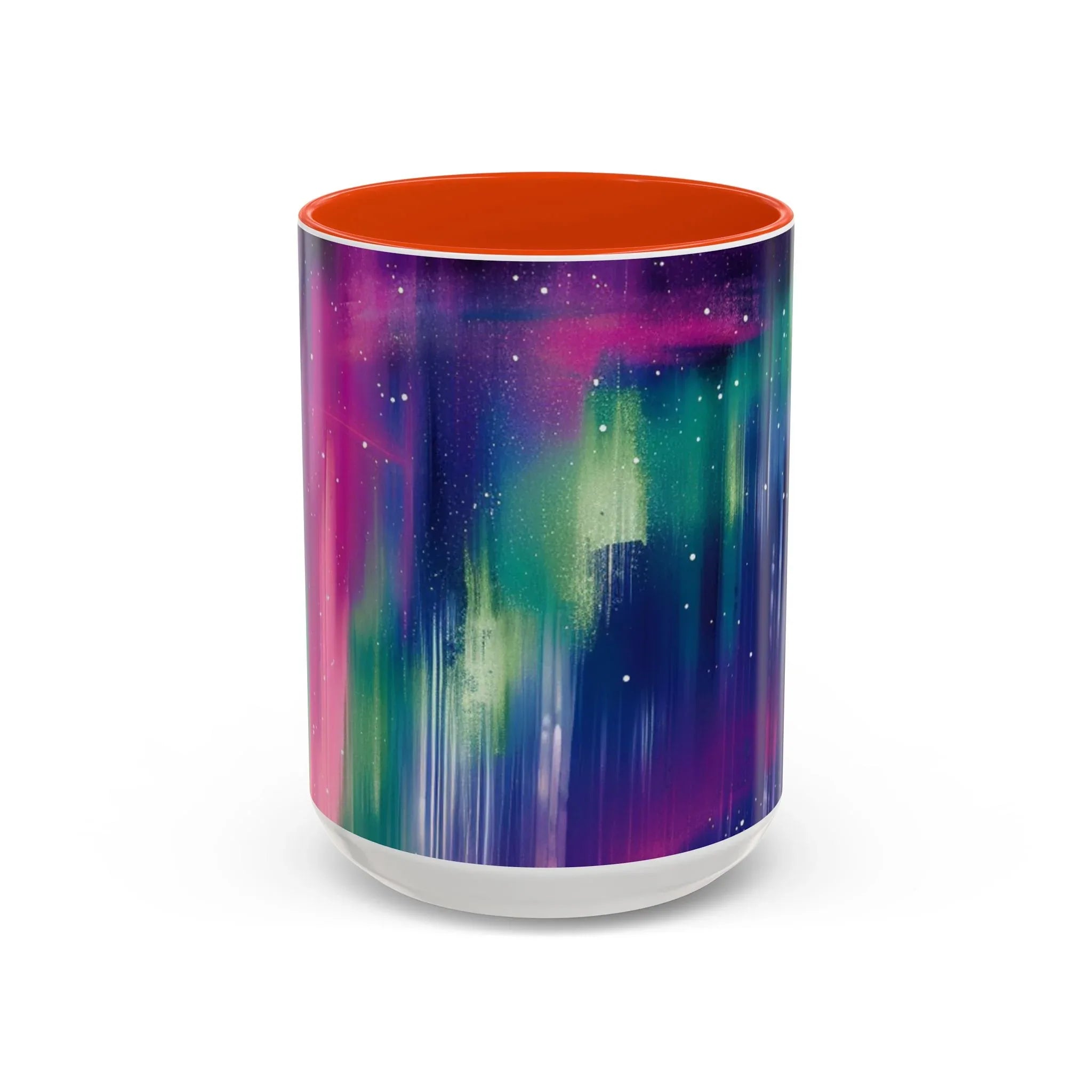 Colorful Mugs (11oz, 15oz), aurora borealis coffee cup design, northern lights starry silhouettes coffee cup - 250 USA Celebration