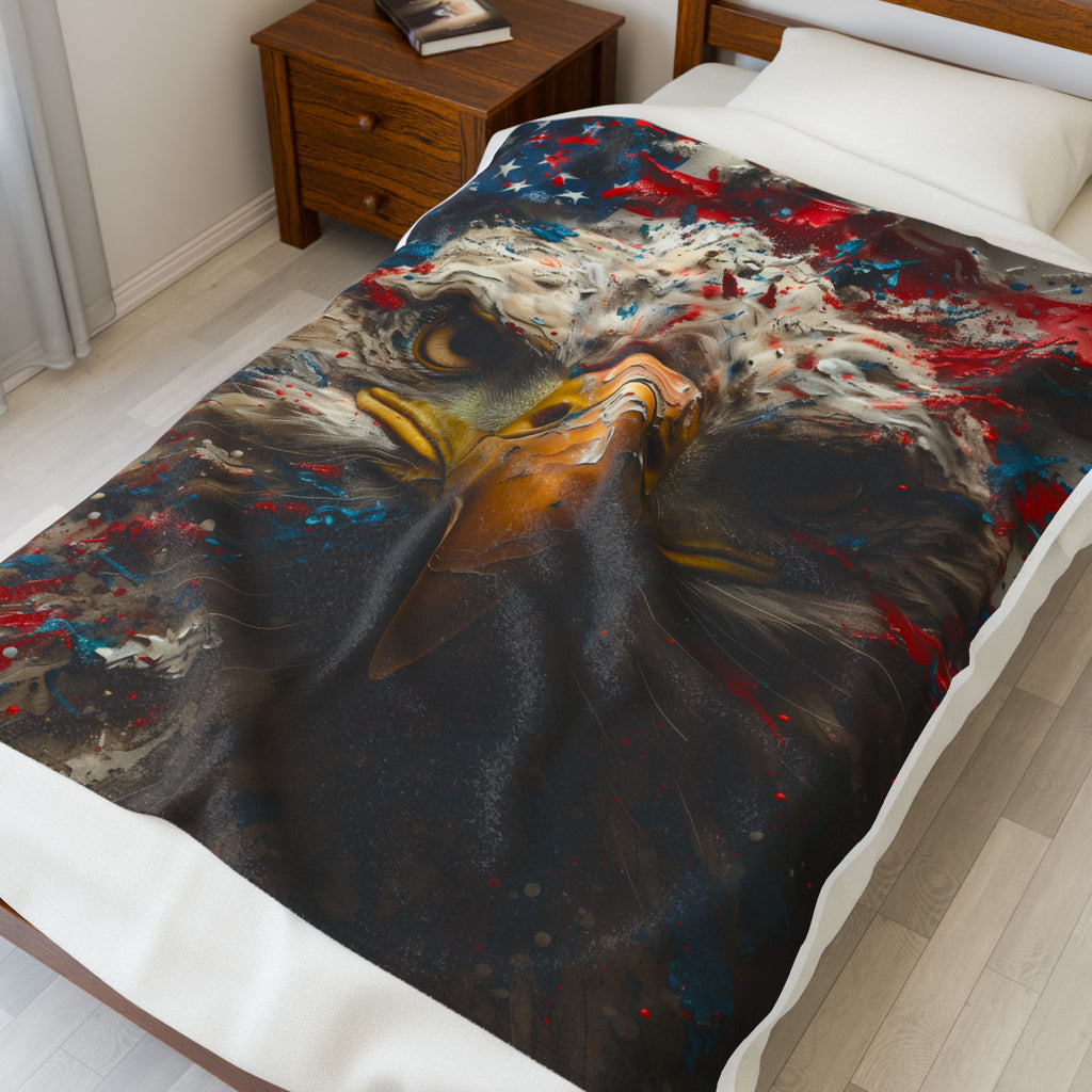 American Flag Bald Eagle Velveteen Plush Blanket | Patriotic Eagle Throw