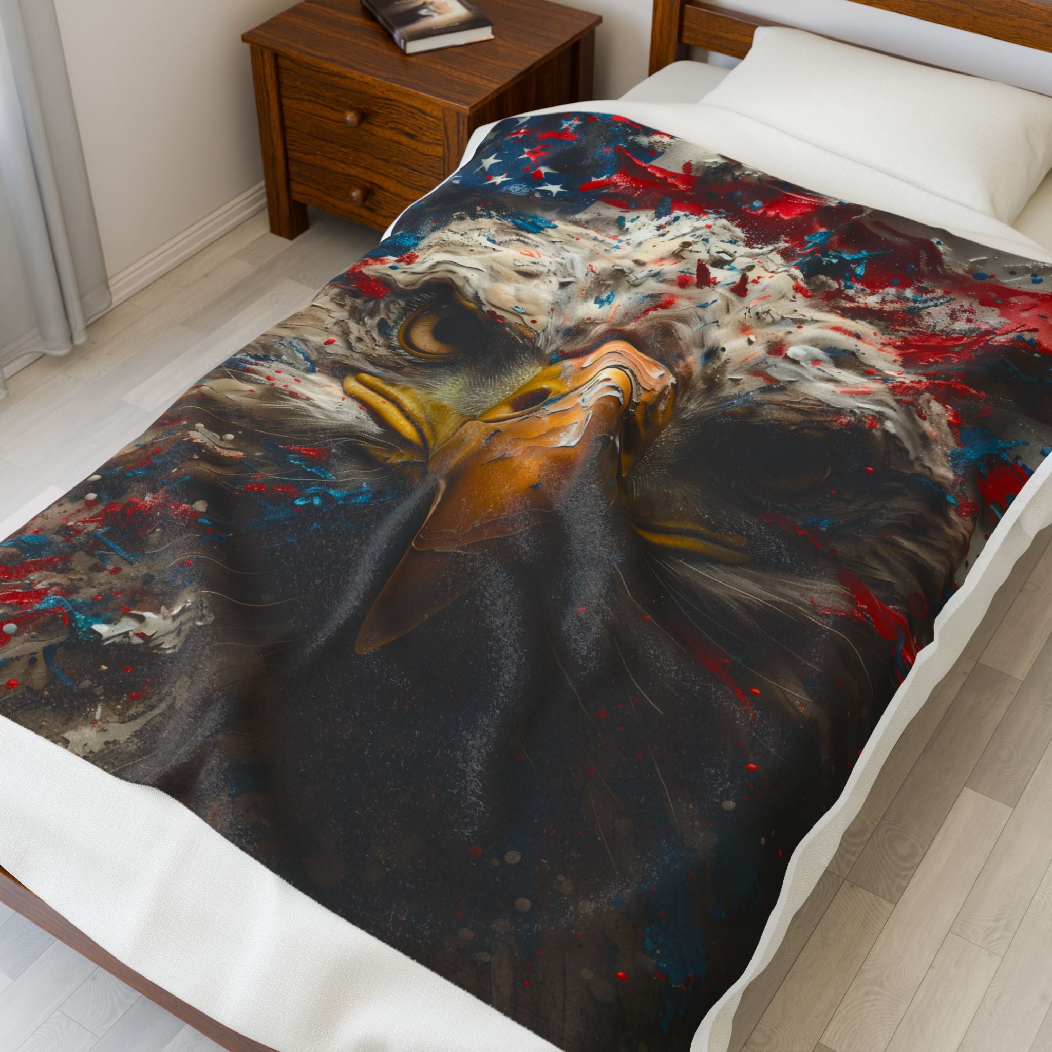 American Flag Bald Eagle Velveteen Plush Blanket | Patriotic Eagle Throw