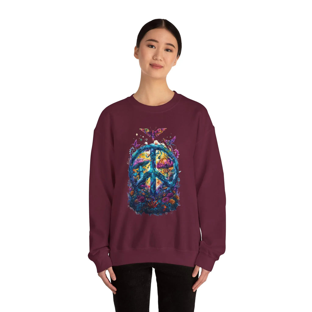 Psychedelic Mushroom Peace Sign Crewneck Sweatshirt | 60s Hippie Tie-Dye - 250 USA Celebration