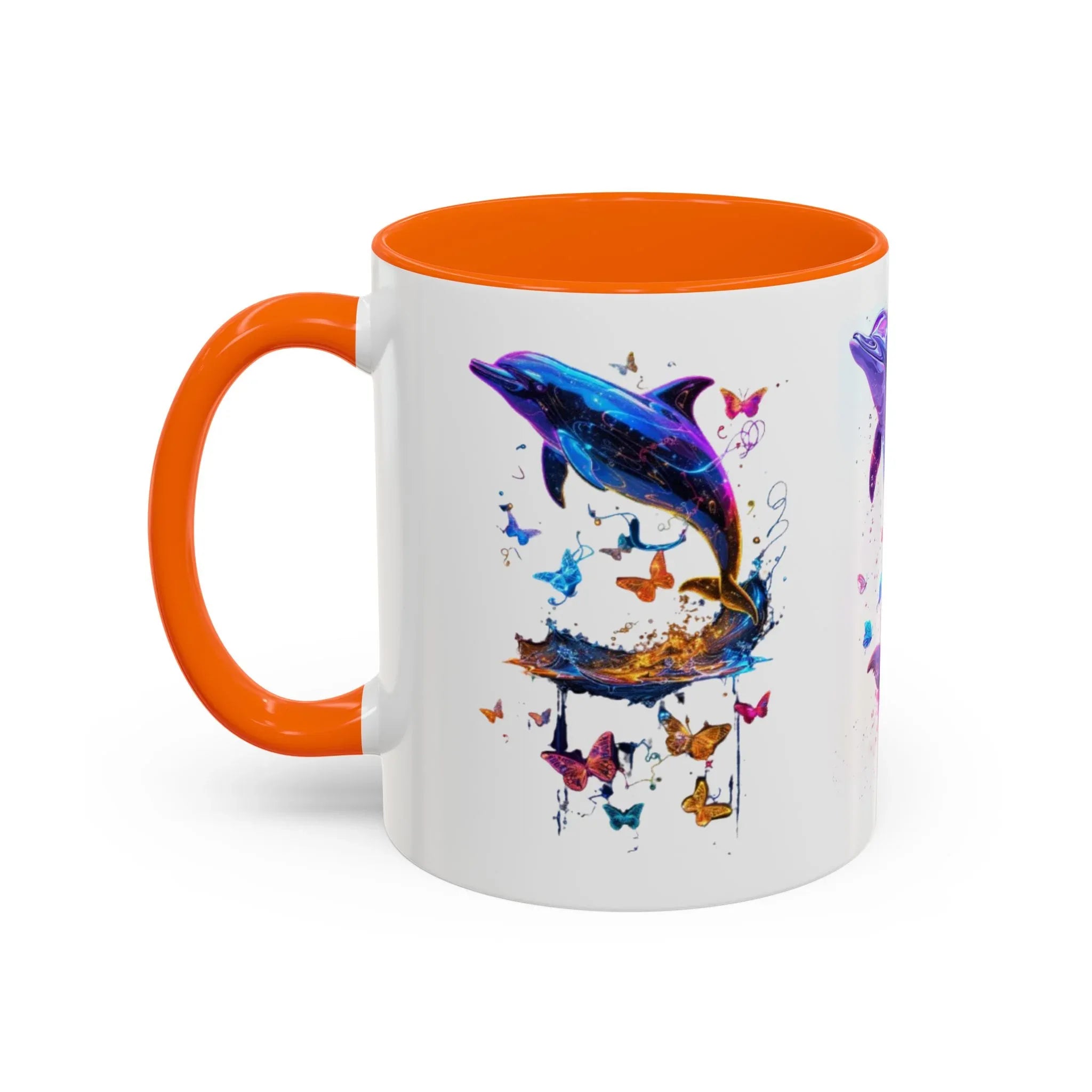 Y2K Chrome Dolphin Flaming Hoop Mug | Holographic Neon Dolphin Coffee Cup - 250 USA Celebration