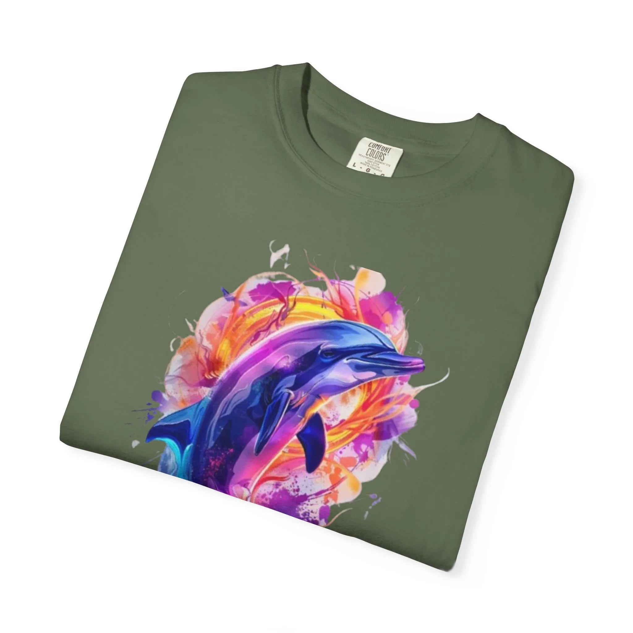 Colorful Watercolor Dolphin T-shirt | Vibrant Ocean Dolphin Tee Chrome Y2K Fantasy Dolphins & Butterflies T-Shirt | Airbrushed Liquid Metal - 250 USA Celebration