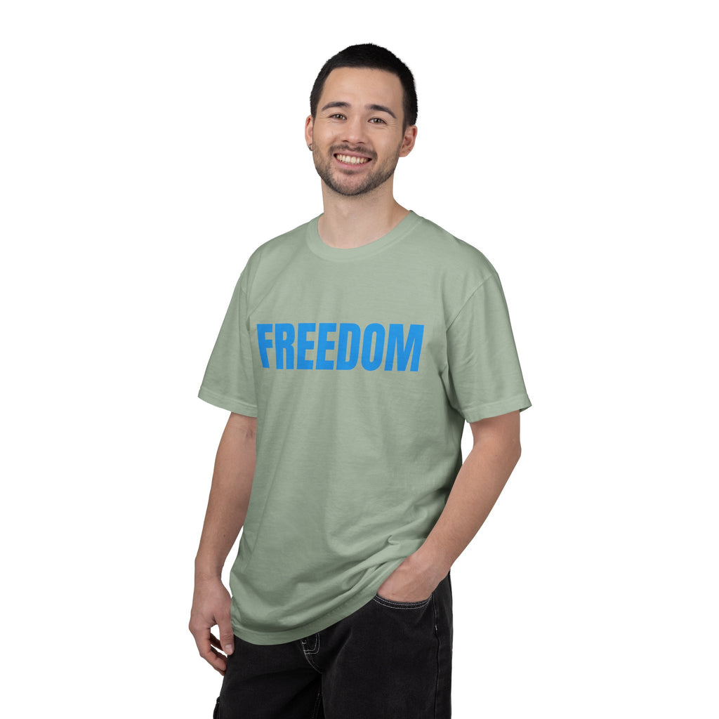 Freedom Graphic T-Shirt — Bold Blue Text Patriotic Tee