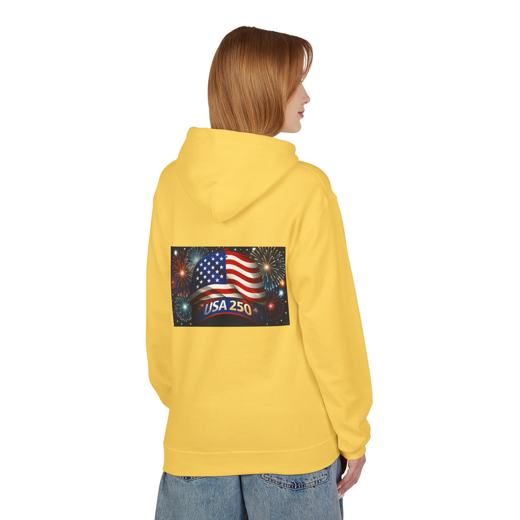 USA 250 Patriotic Hoodie with American Flag & Fireworks