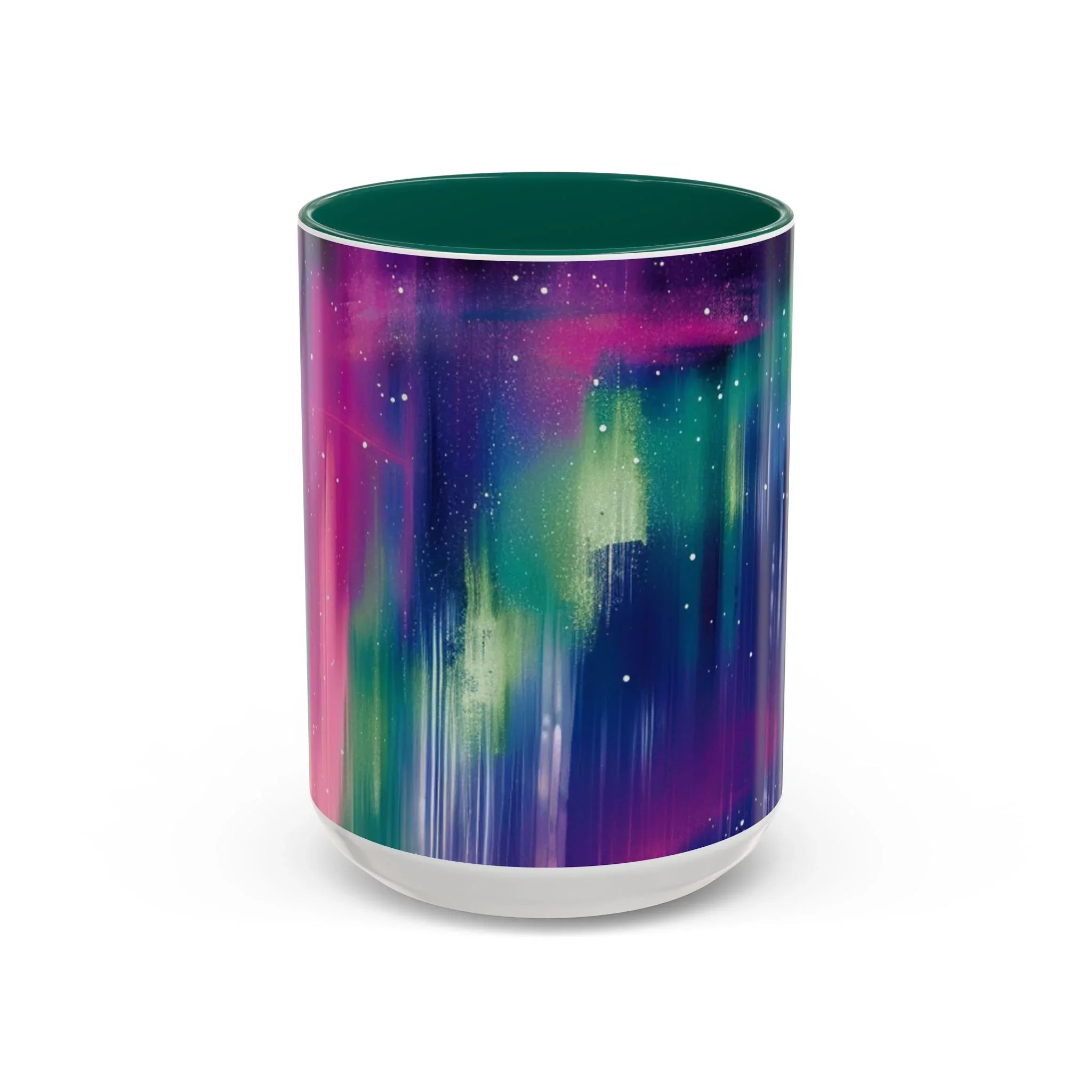 Colorful Mugs (11oz, 15oz), aurora borealis coffee cup design, northern lights starry silhouettes coffee cup - 250 USA Celebration