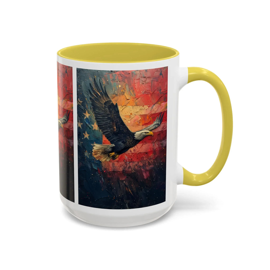 Colorful Mugs (11oz, 15oz) American Eagle Flying Coffee Cup, Patriotic American Eagle flying with American Flag in background - 250 USA Celebration