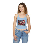 American Flag Ruffled Crop Tank Top – Patriotic Women's Spaghetti Strap Top