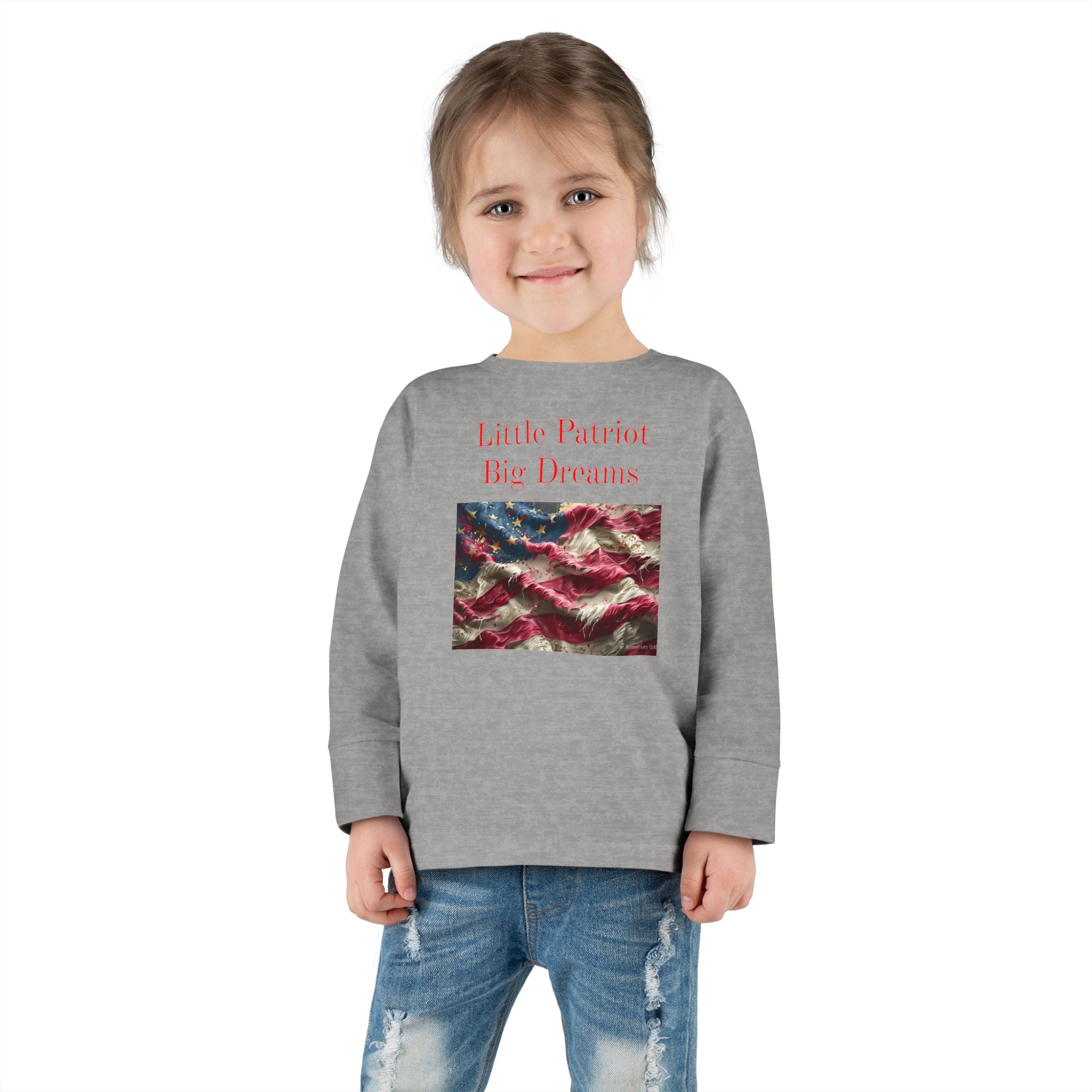 Toddler Long Sleeve Tee — "Little Patriot Big Dreams" American Flag Graphic