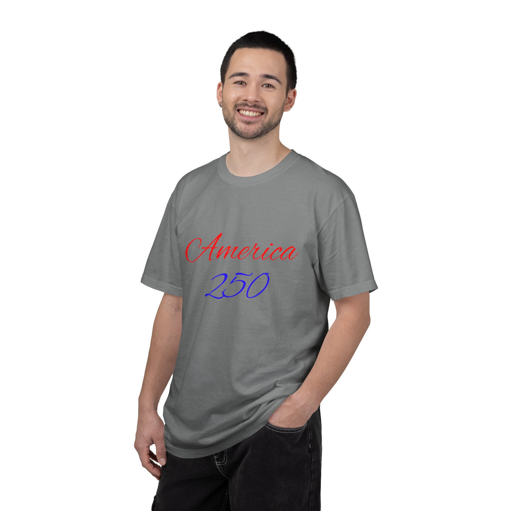 America 250 T-shirt | Patriotic Script, Red and Blue Text