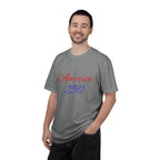 America 250 T-shirt | Patriotic Script, Red and Blue Text