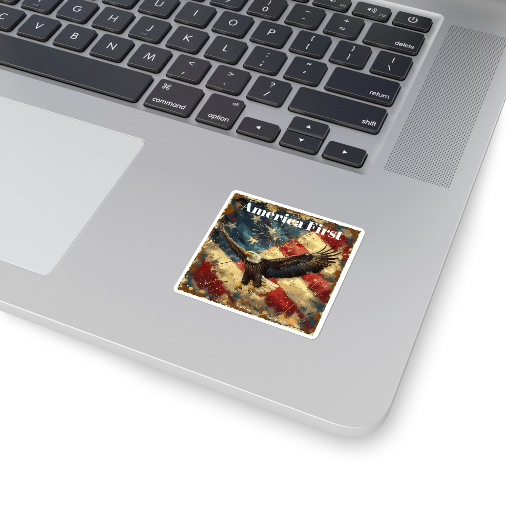 America First Eagle Square Sticker — Patriotic US Flag Decal for Laptops, Water Bottles & Cars
