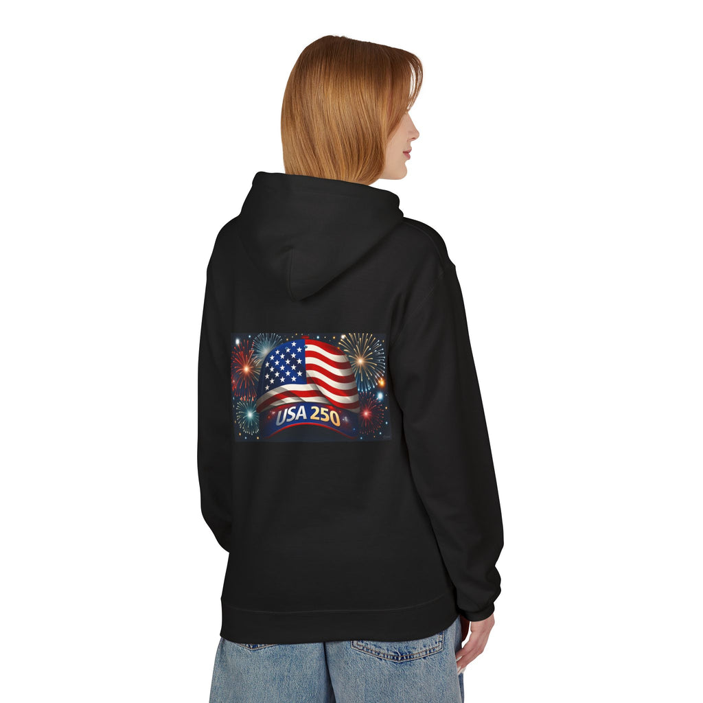 USA 250 Patriotic Hoodie with American Flag & Fireworks