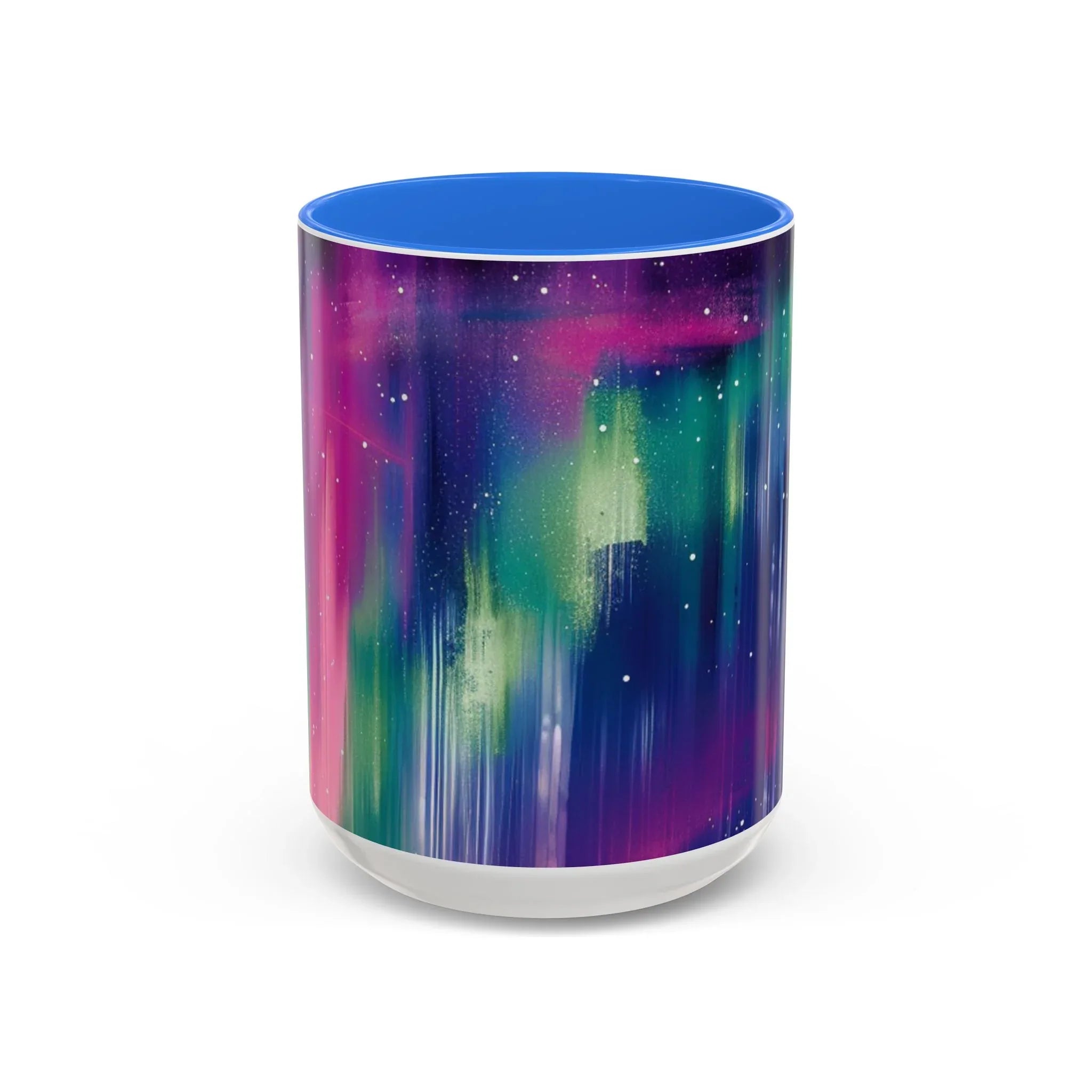 Colorful Mugs (11oz, 15oz), aurora borealis coffee cup design, northern lights starry silhouettes coffee cup - 250 USA Celebration
