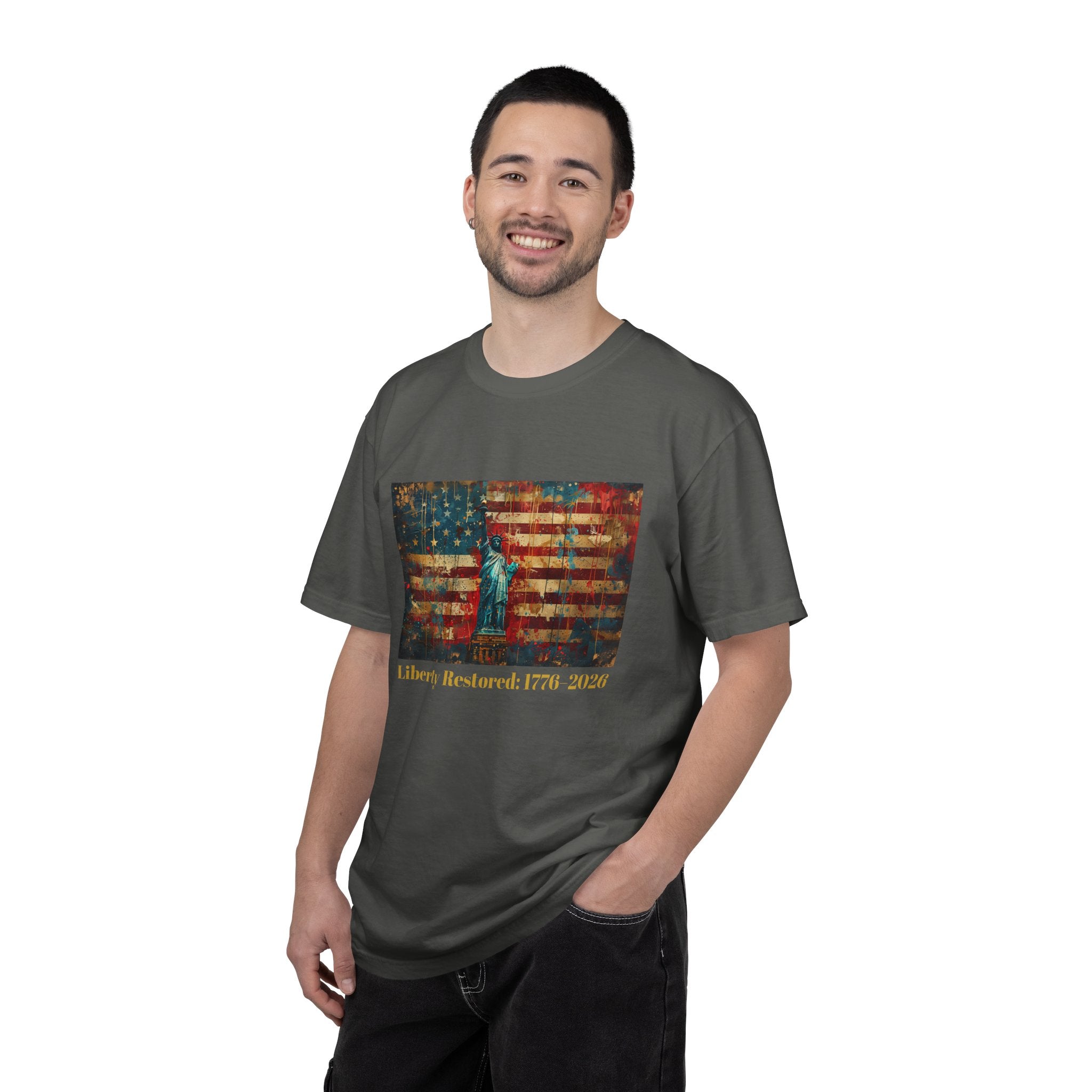 Patriotic Liberty T-Shirt – 'Liberty Restored 1776-2020' American Flag & Statue of Liberty Design