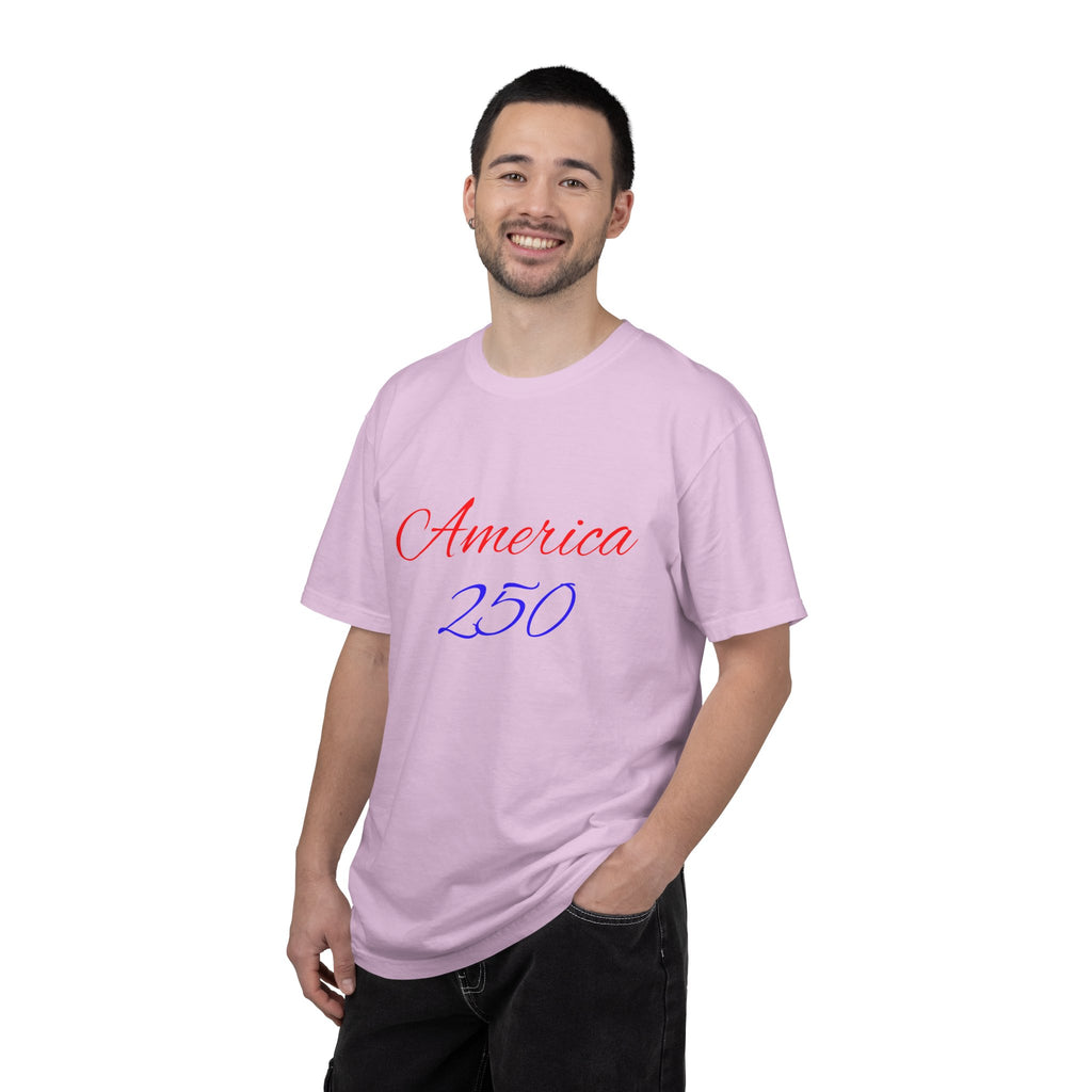 America 250 T-shirt | Patriotic Script, Red and Blue Text