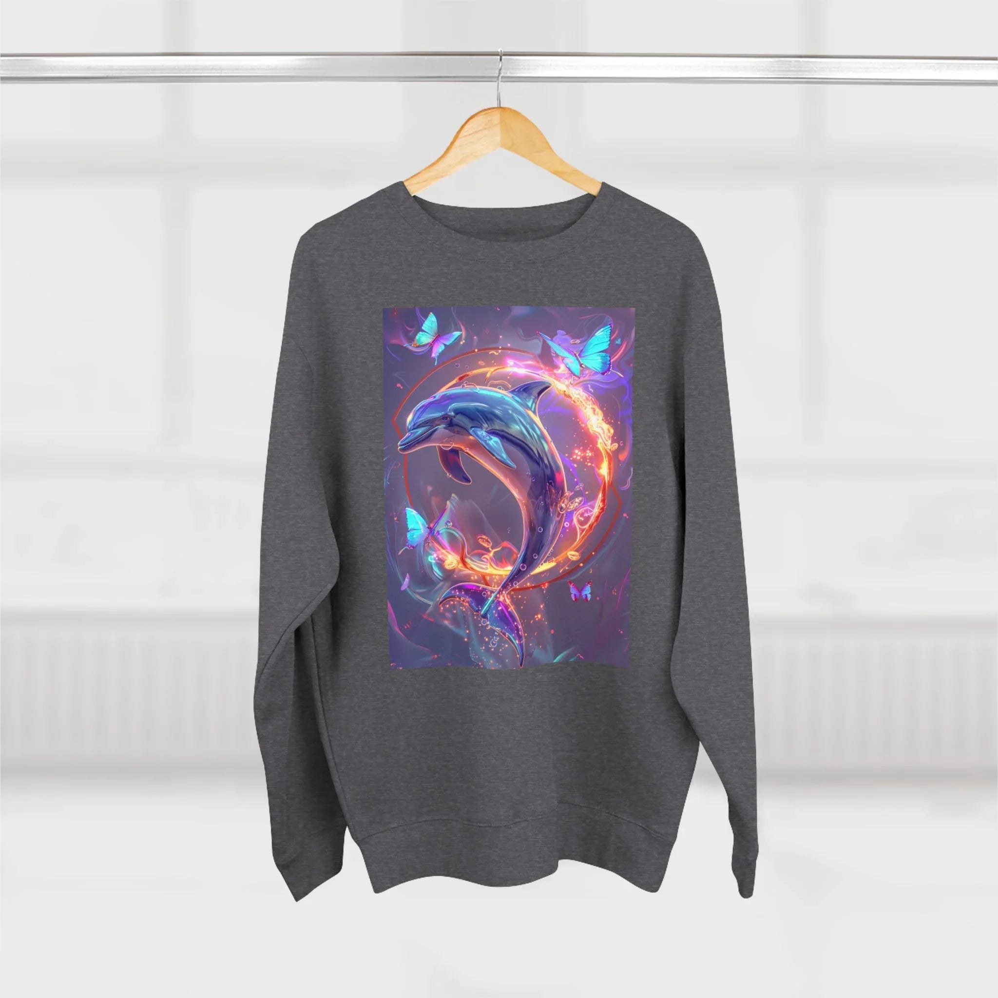 Neon Mystic Dolphin Ring sweatshirt | Glowing Butterflies, Fantasy Ocean Art - 250 USA Celebration