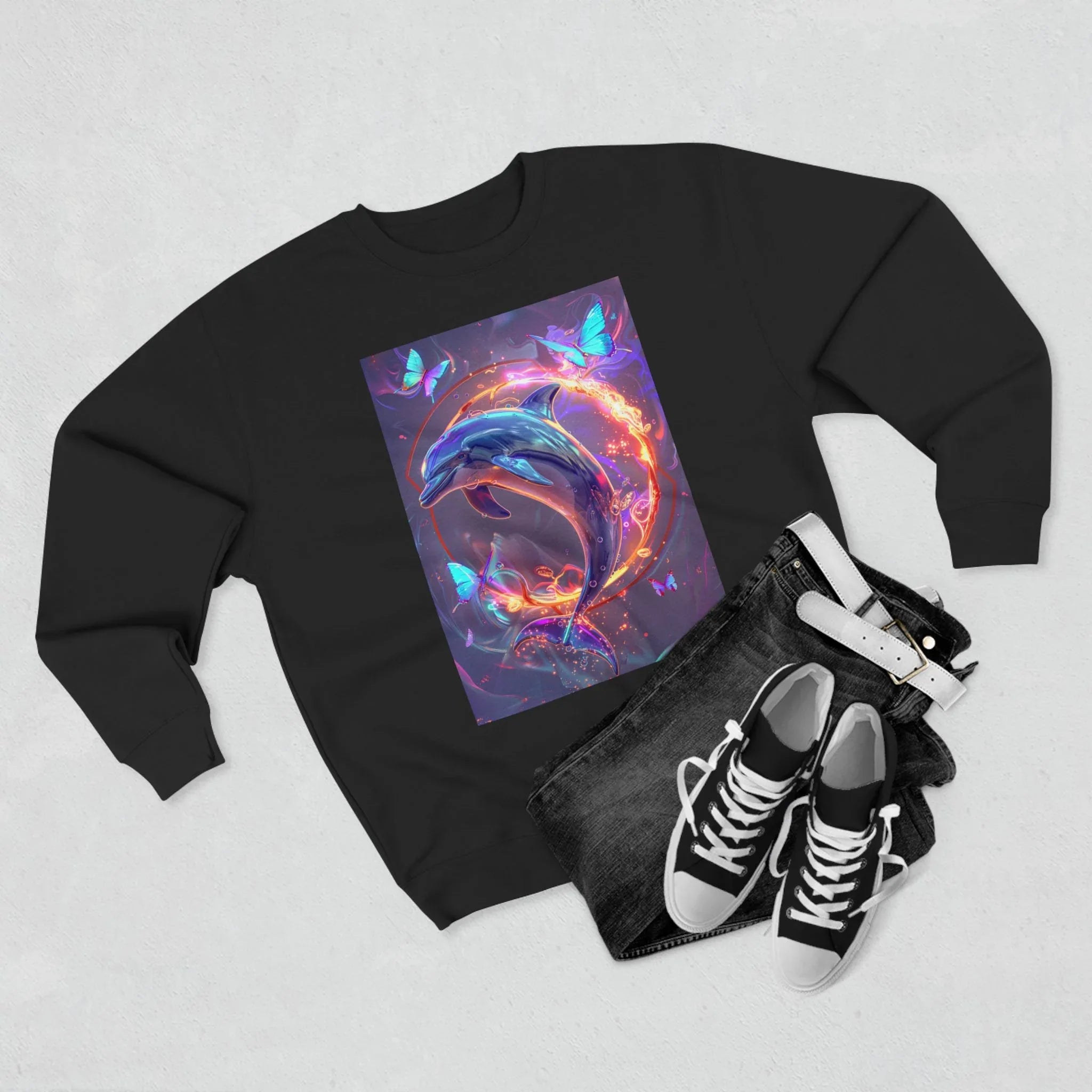 Neon Mystic Dolphin Ring sweatshirt | Glowing Butterflies, Fantasy Ocean Art - 250 USA Celebration