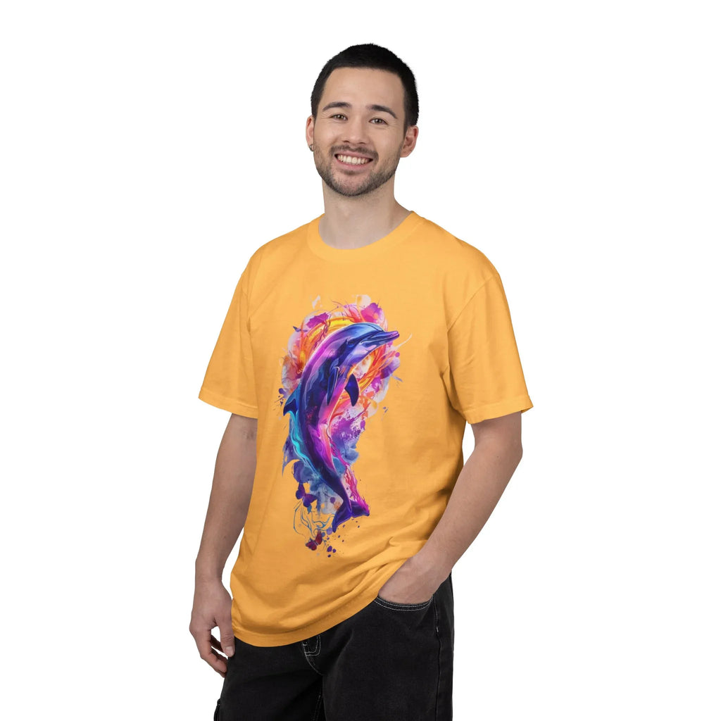 Colorful Watercolor Dolphin T-shirt | Vibrant Ocean Dolphin Tee Chrome Y2K Fantasy Dolphins & Butterflies T-Shirt | Airbrushed Liquid Metal - 250 USA Celebration
