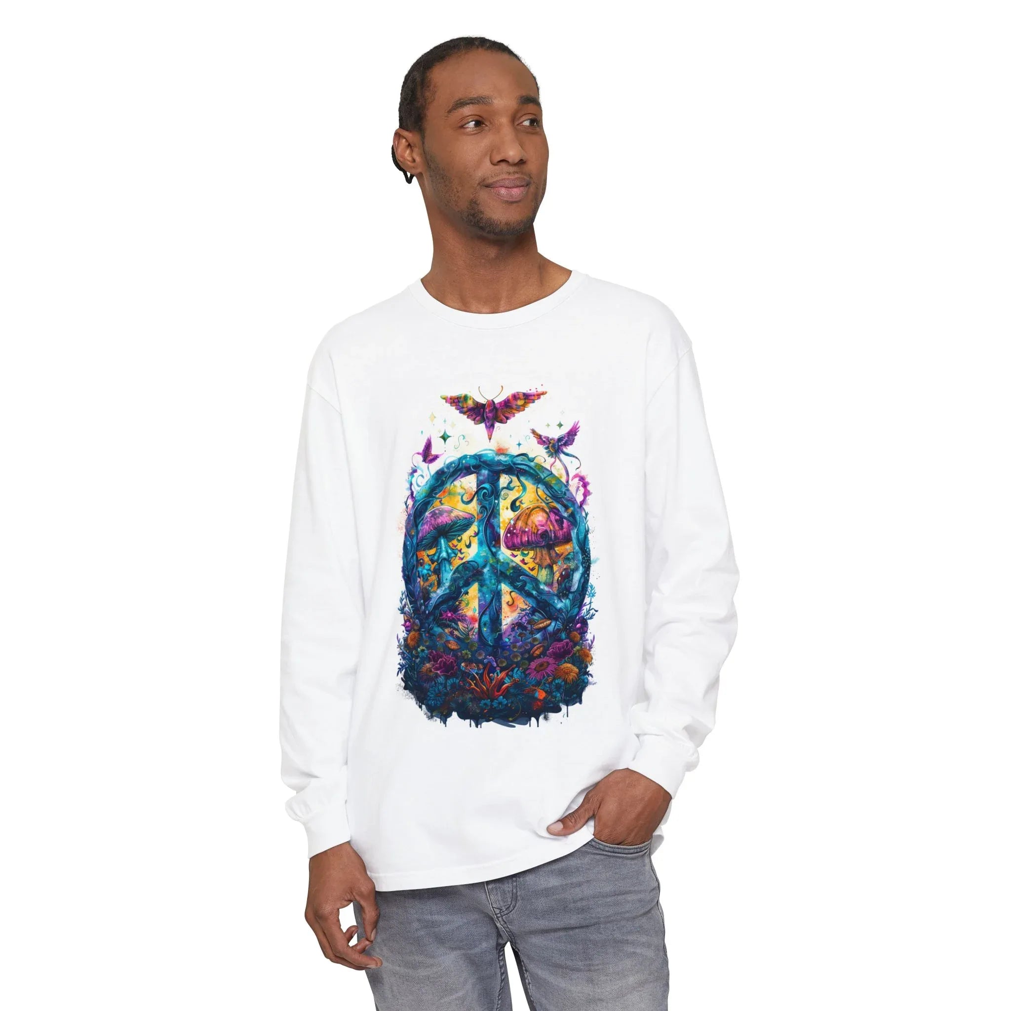 Floral Peace Sign Long Sleeve T-Shirt | Psychedelic Nature Peace Tee - 250 USA Celebration