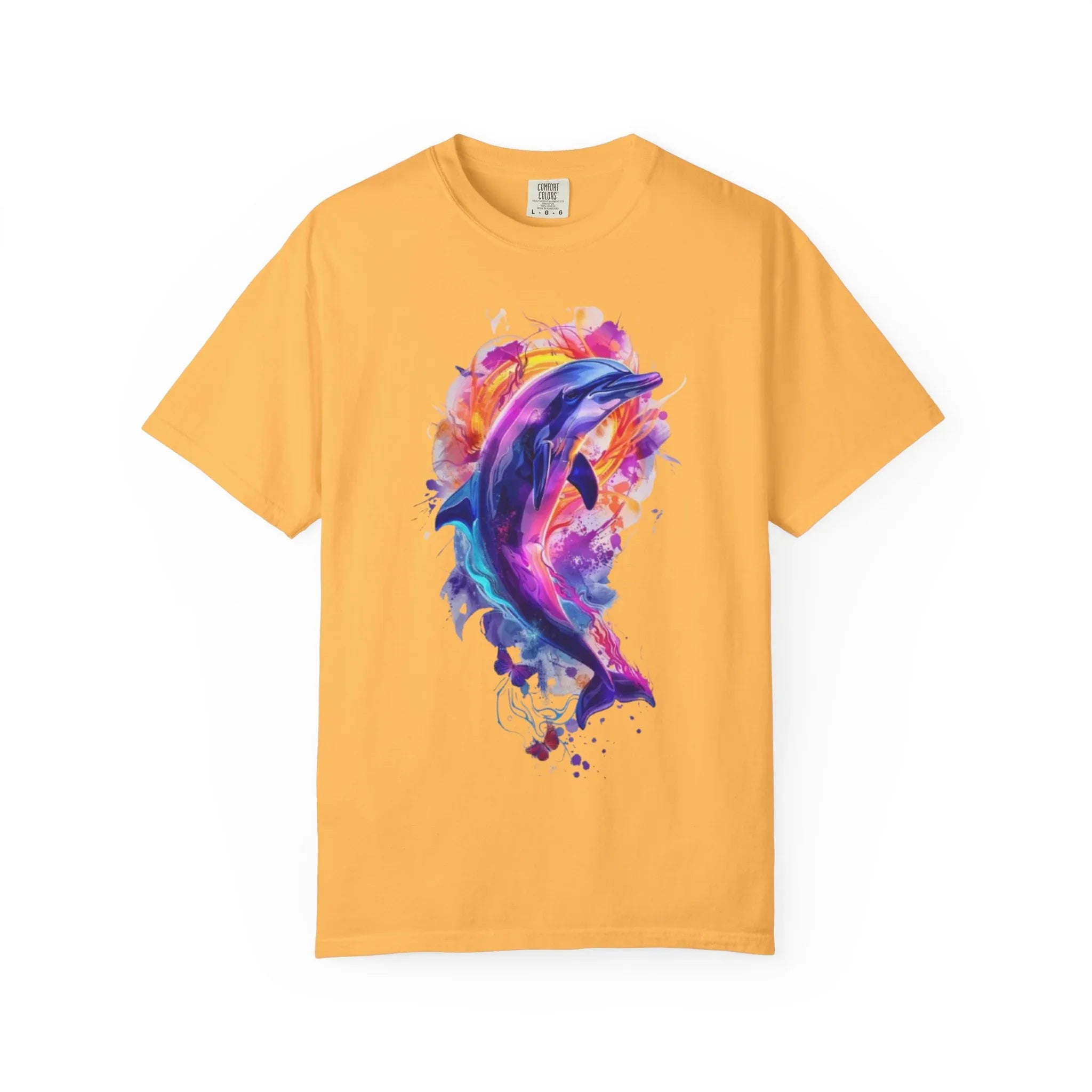 Colorful Watercolor Dolphin T-shirt | Vibrant Ocean Dolphin Tee Chrome Y2K Fantasy Dolphins & Butterflies T-Shirt | Airbrushed Liquid Metal - 250 USA Celebration