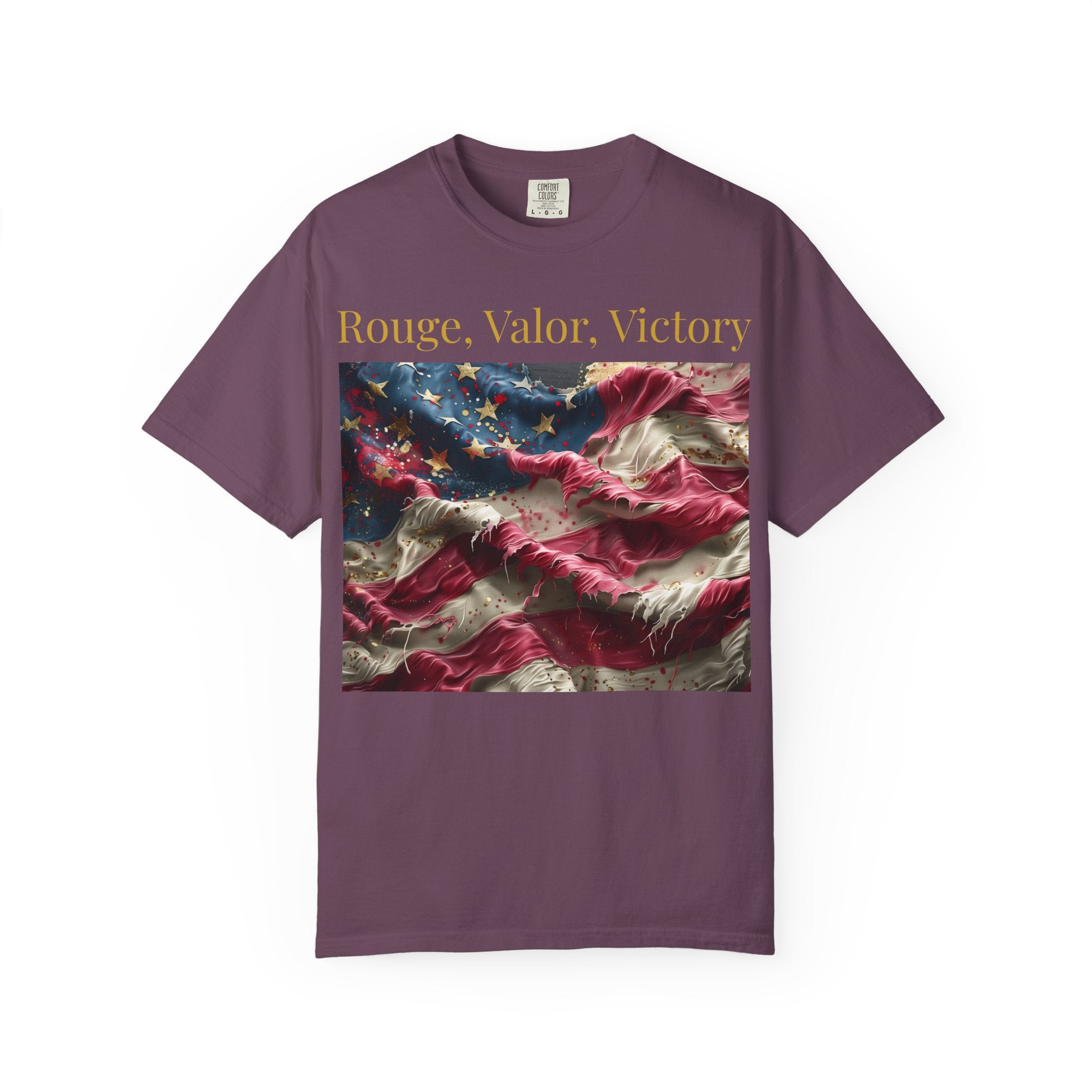 Patriotic T-Shirt — "Rouge, Valor, Victory" American Flag Graphic, "America First" Back Text
