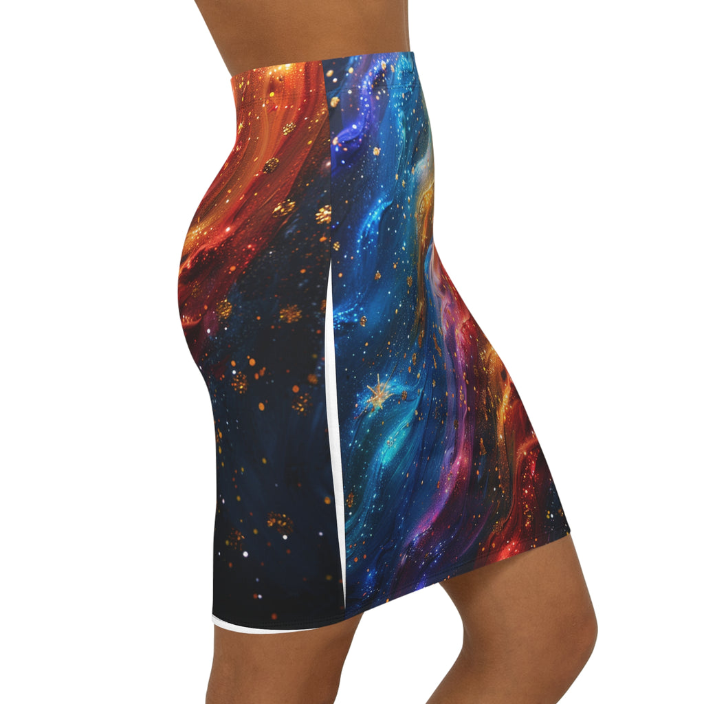 Galaxy Swirl Pencil Skirt — Colorful Cosmic Print Mid-Waist Skirt
