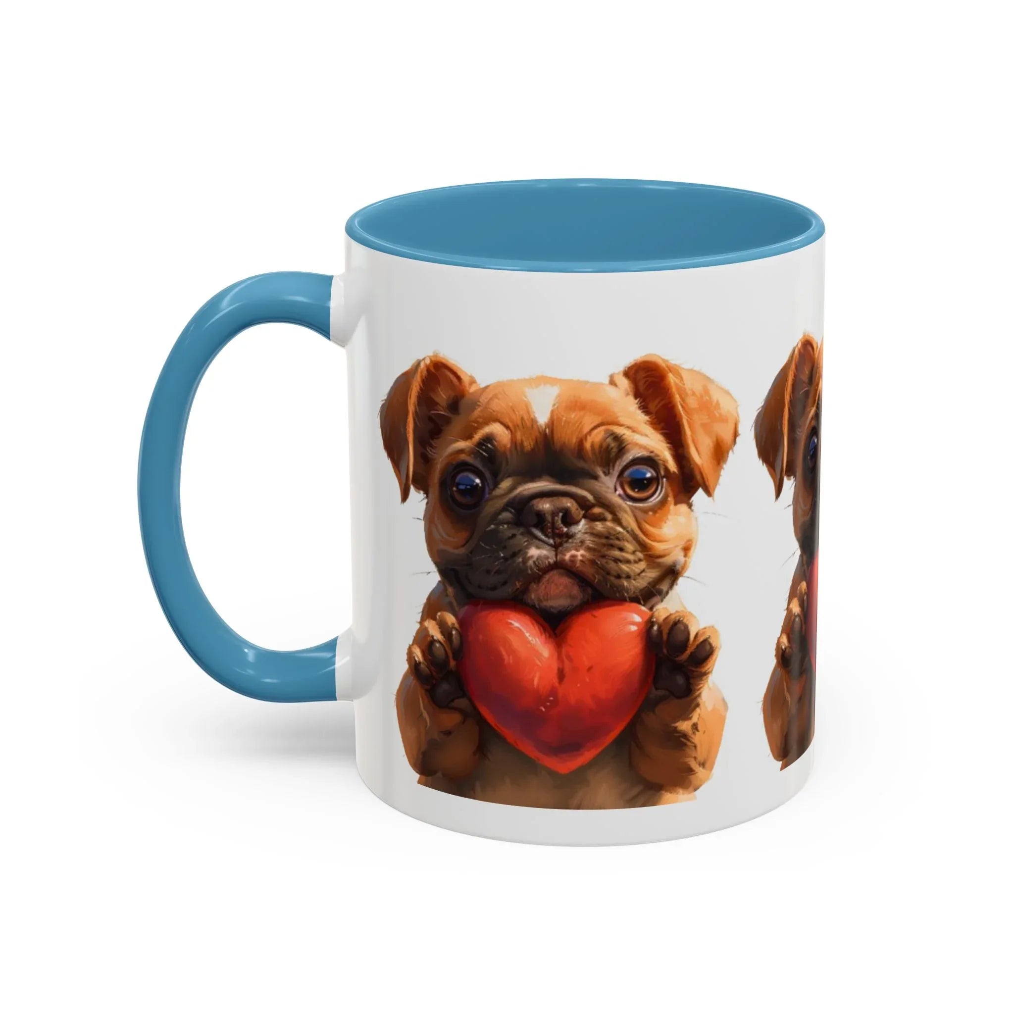 Cute French Bulldog Holding Red Heart Accent Coffee Mug | Puppy Cartoon Illustration - 250 USA Celebration