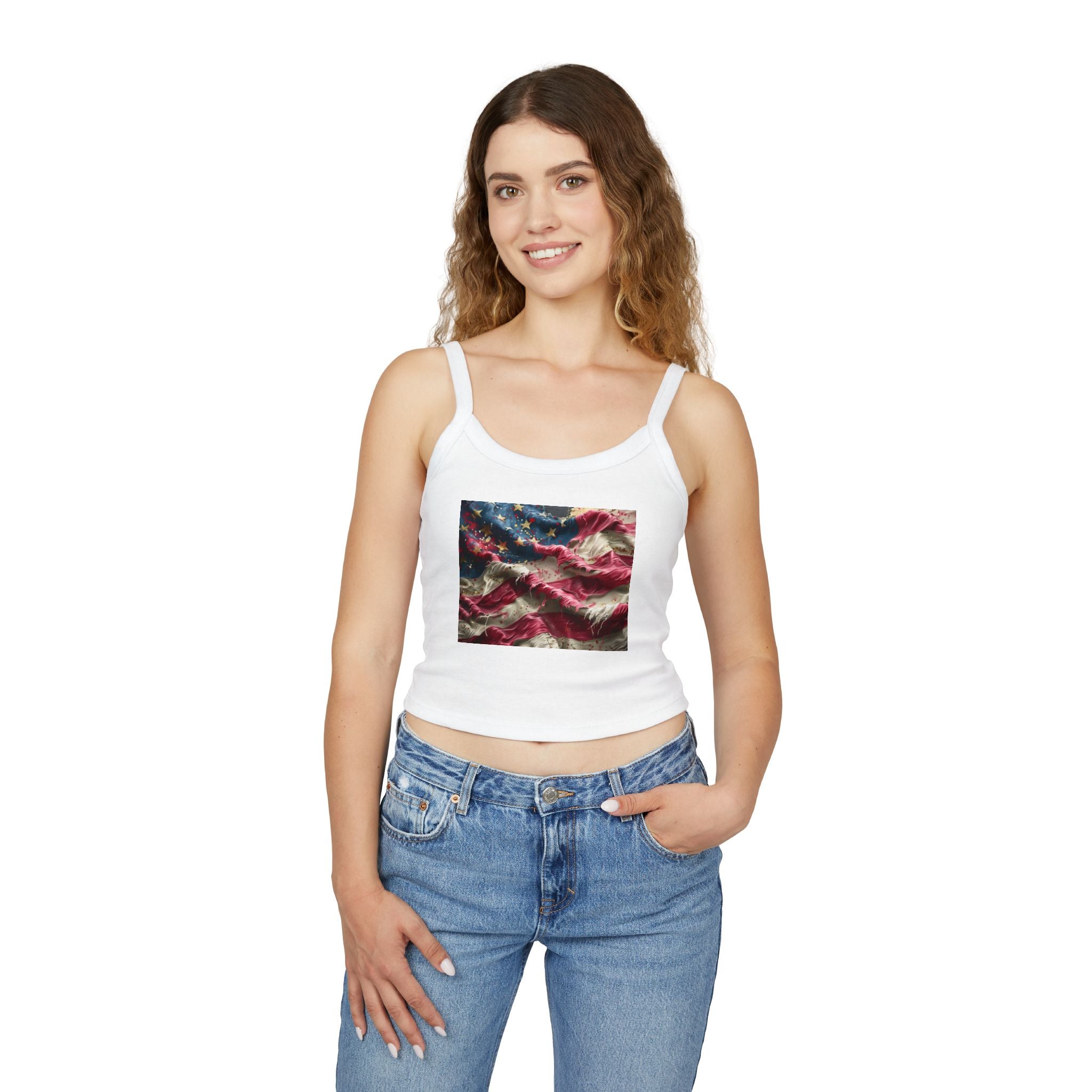 American Flag Ruffled Crop Tank Top – Patriotic Women's Spaghetti Strap Top