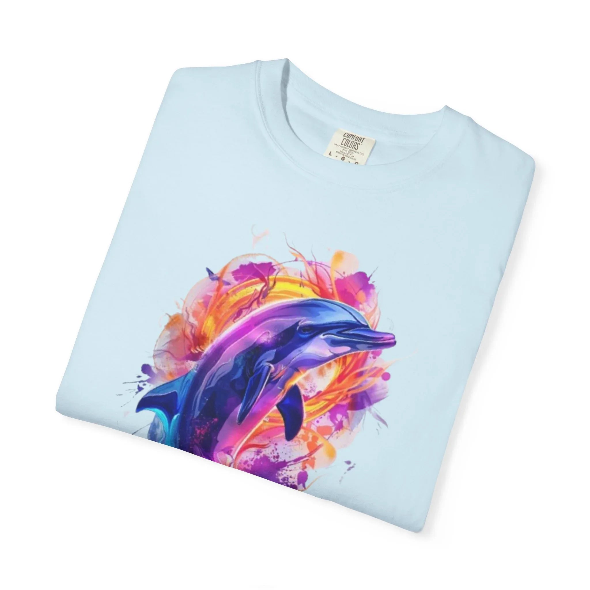 Colorful Watercolor Dolphin T-shirt | Vibrant Ocean Dolphin Tee Chrome Y2K Fantasy Dolphins & Butterflies T-Shirt | Airbrushed Liquid Metal - 250 USA Celebration