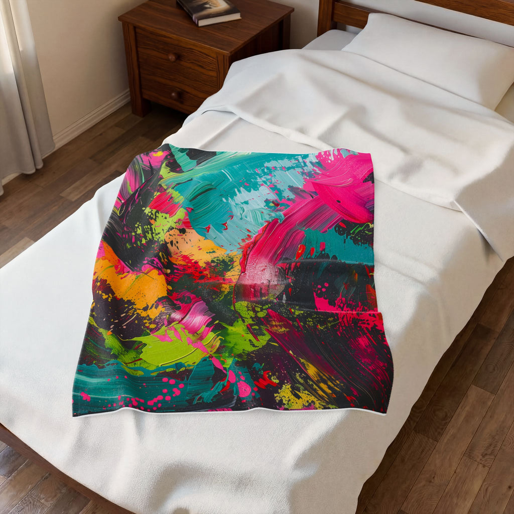 Abstract Neon Brushstroke Velveteen Plush Blanket — Vibrant Colorful Throw for Home, Dorm & Gifts