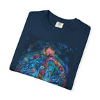 Floral Peace Sign T-shirt | Psychedelic Hippie Vibes, Blue Shirt - 250 USA Celebration