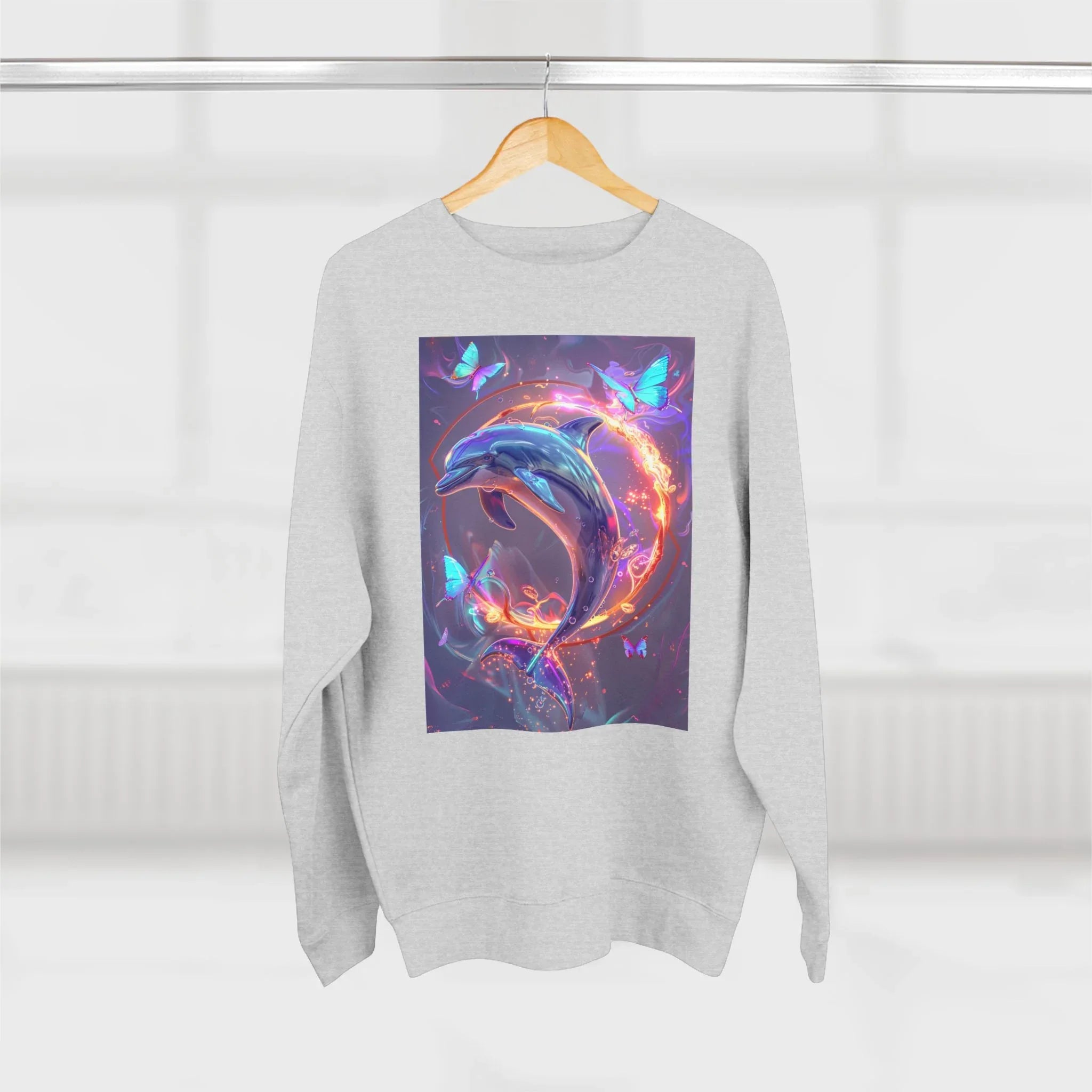 Neon Mystic Dolphin Ring sweatshirt | Glowing Butterflies, Fantasy Ocean Art - 250 USA Celebration
