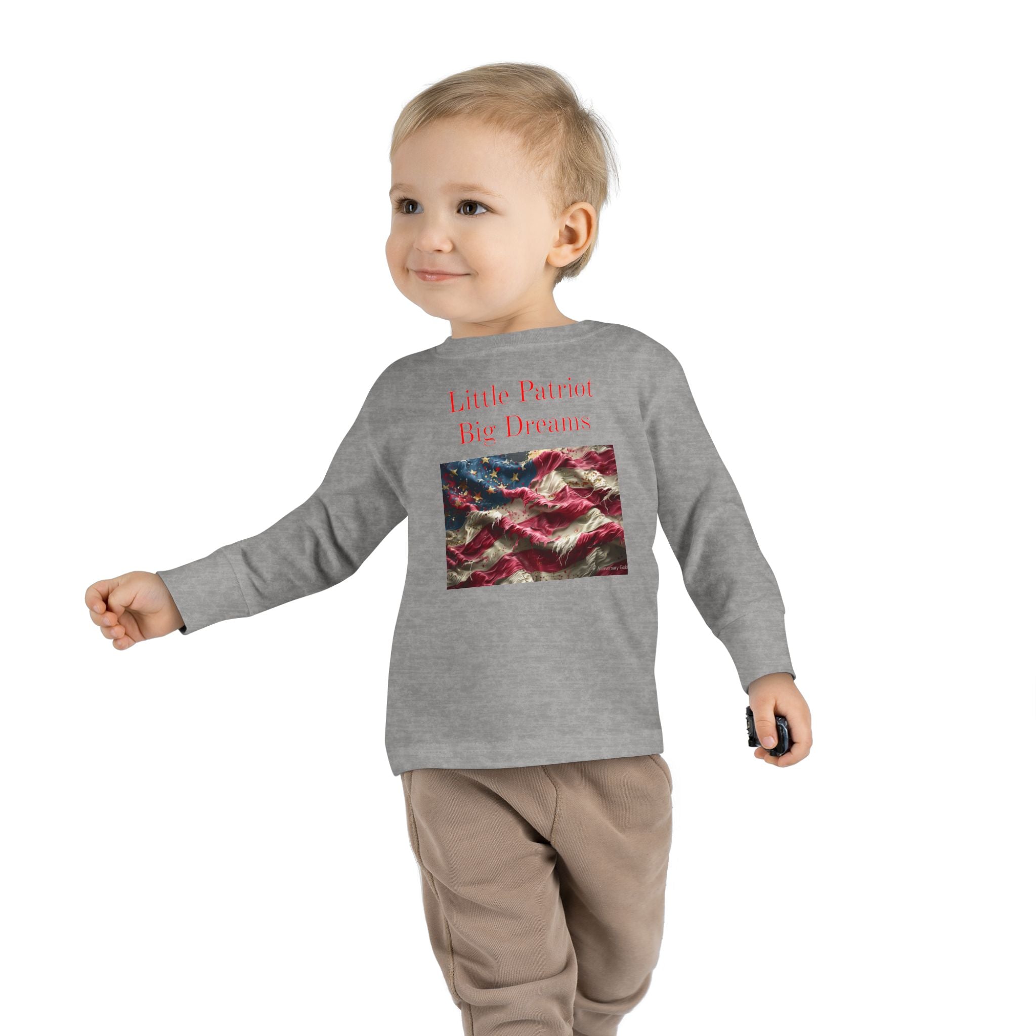 Toddler Long Sleeve Tee — "Little Patriot Big Dreams" American Flag Graphic